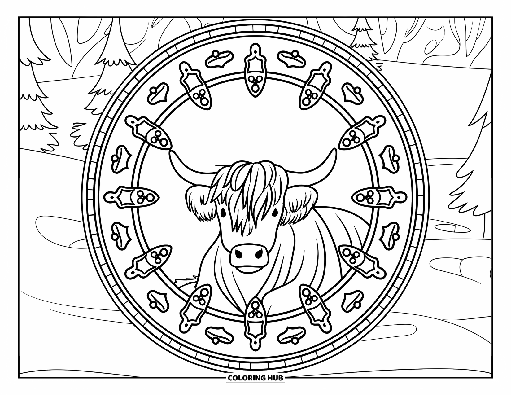 Christmas Cow Coloring Page for Adults: A Highland cow resting inside a gingerbread and holly mandala framed by snowy trees