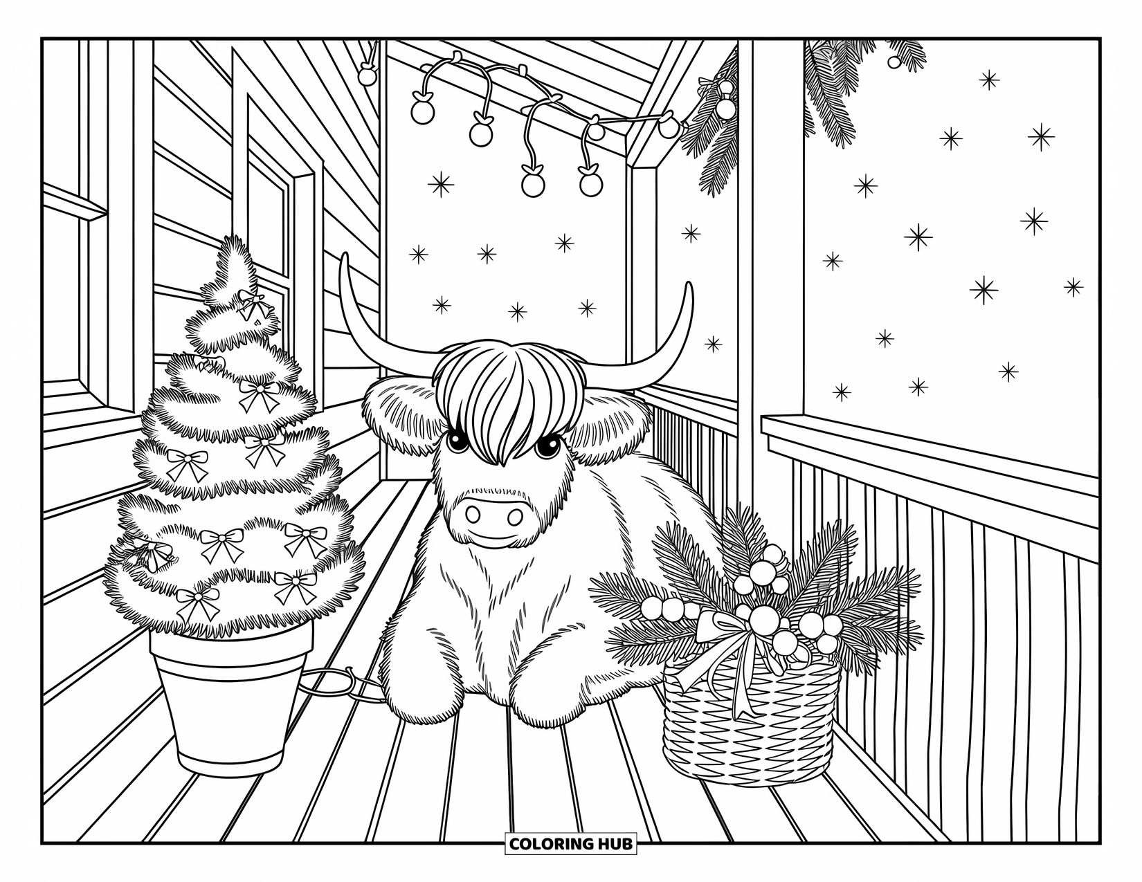 Christmas Cow Coloring Page for Adults: A Highland cow resting on a rustic porch with a festive tree and pine basket