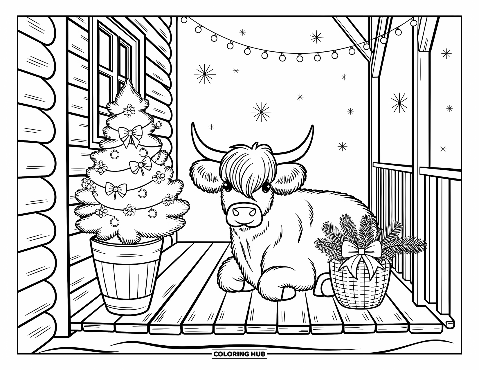 Christmas Cow Coloring Page for Adults: A Highland cow sitting on a snowy porch beside a small decorated Christmas tree
