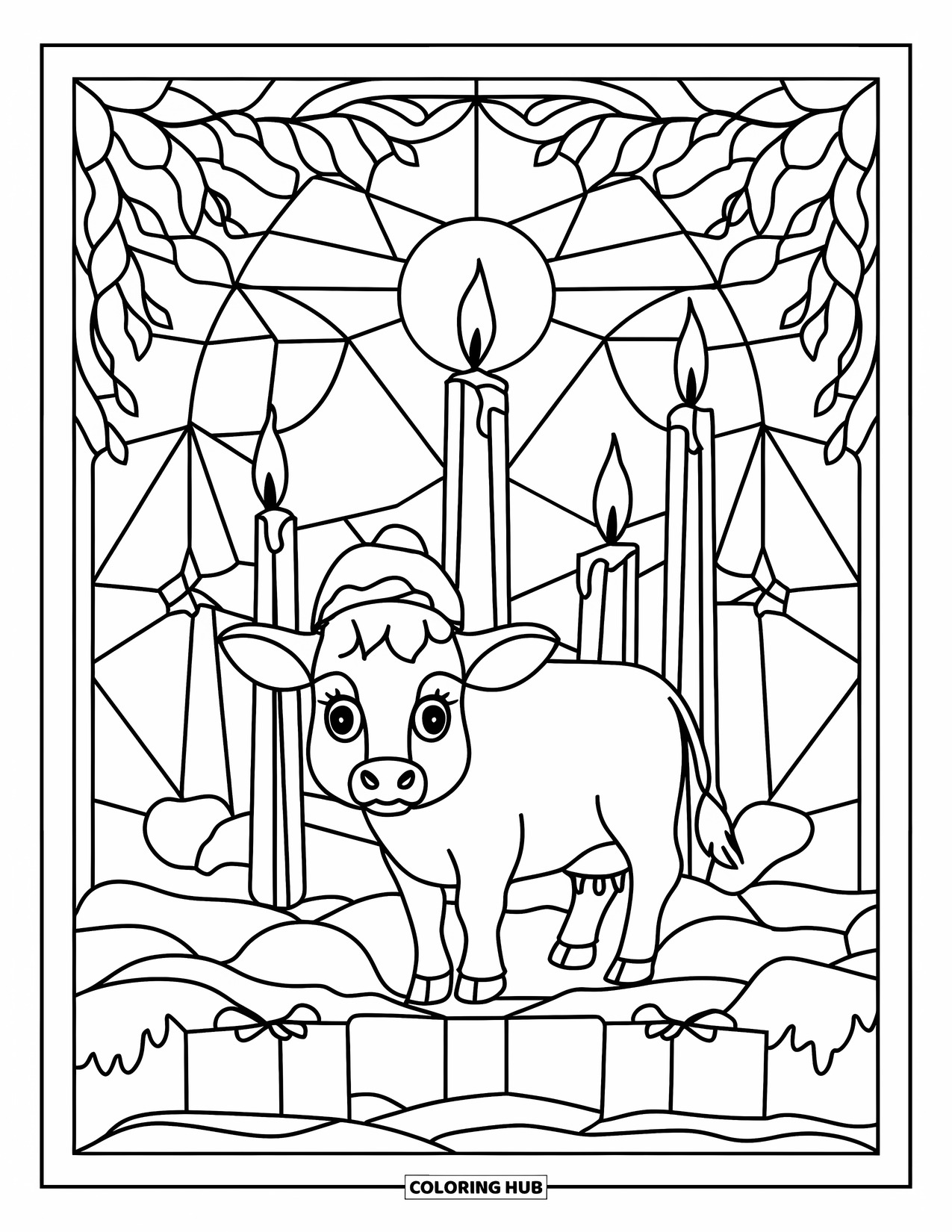 Christmas Cow Coloring Page for Adults: A stained glass design of a baby cow with candles, stars, and snowy branches