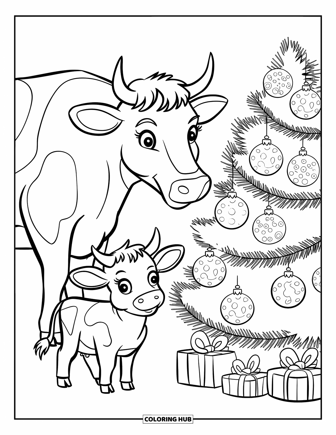 Christmas Cow Coloring Page for Kids: A baby cow and cow decorating a Christmas tree with cookies and bells