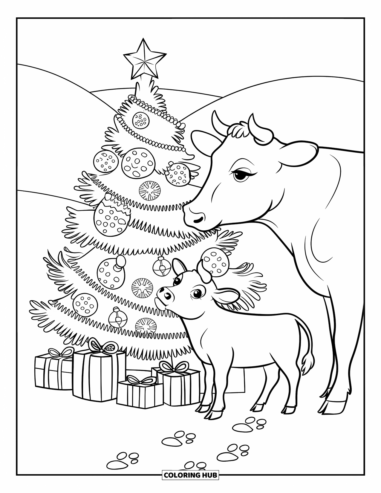 Christmas Cow Coloring Page for Kids: A baby cow and cow decorating a snowy tree with cookies and bells