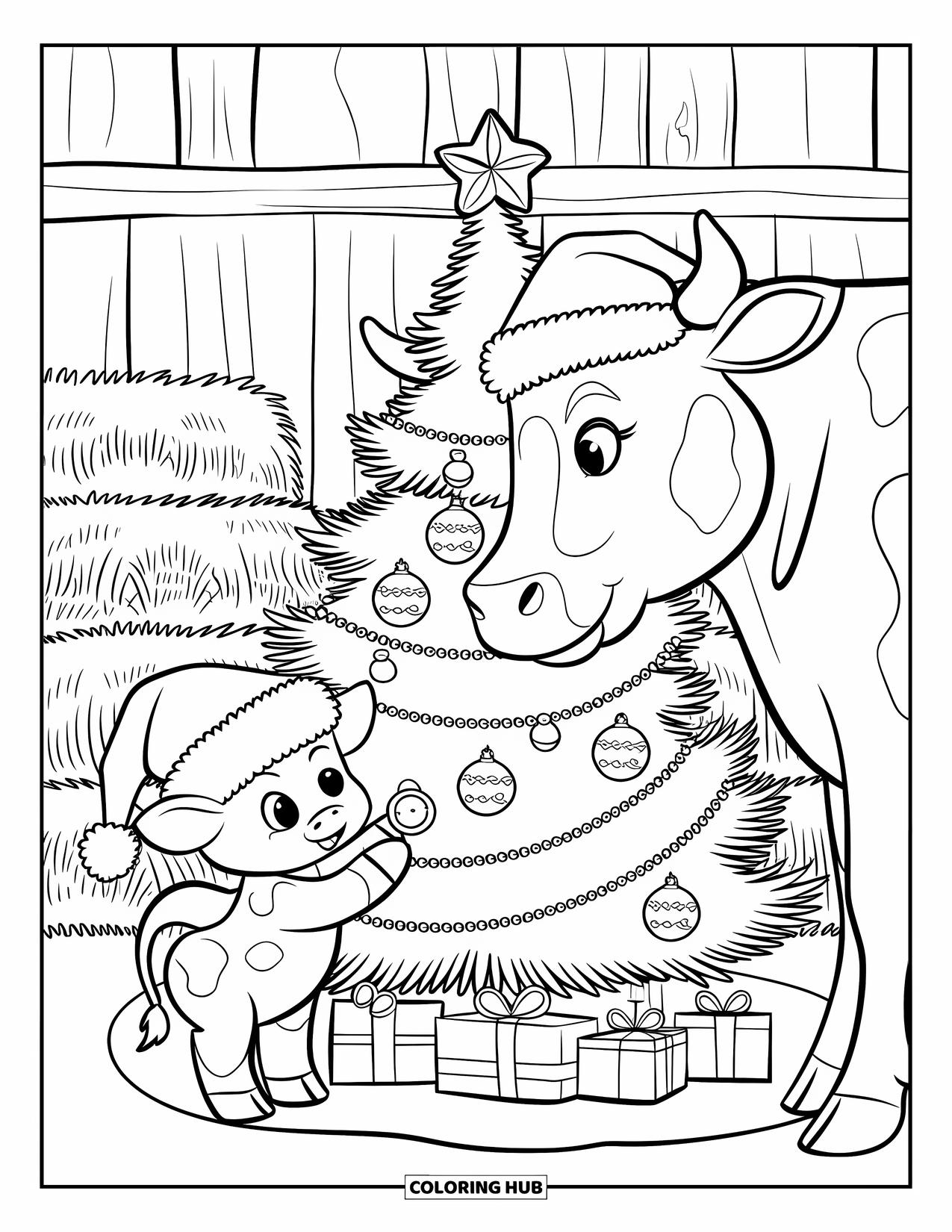 Christmas Cow Coloring Page for Kids: A baby cow and cow decorating a tree in a barn with hay bales