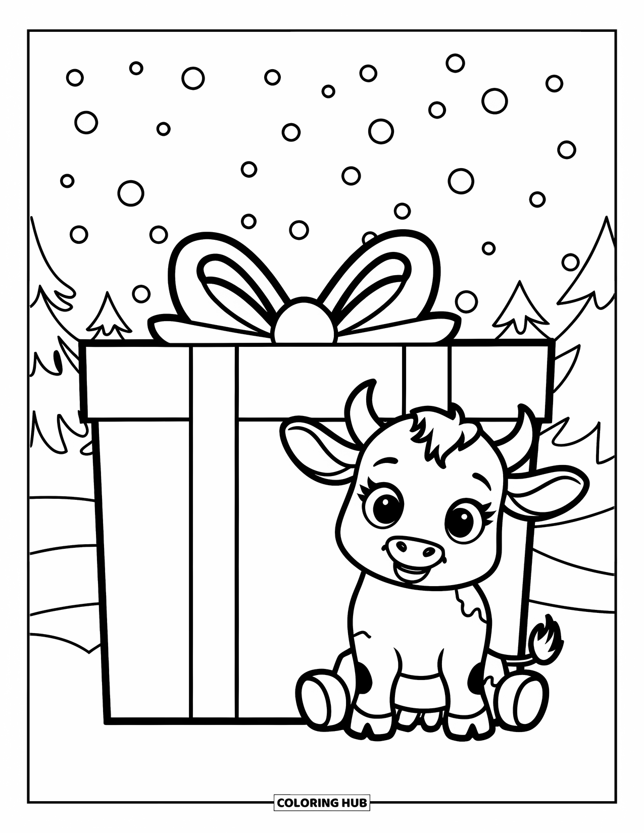 Christmas Cow Coloring Page for Kids: A baby cow beside a big gift box in a snowy field