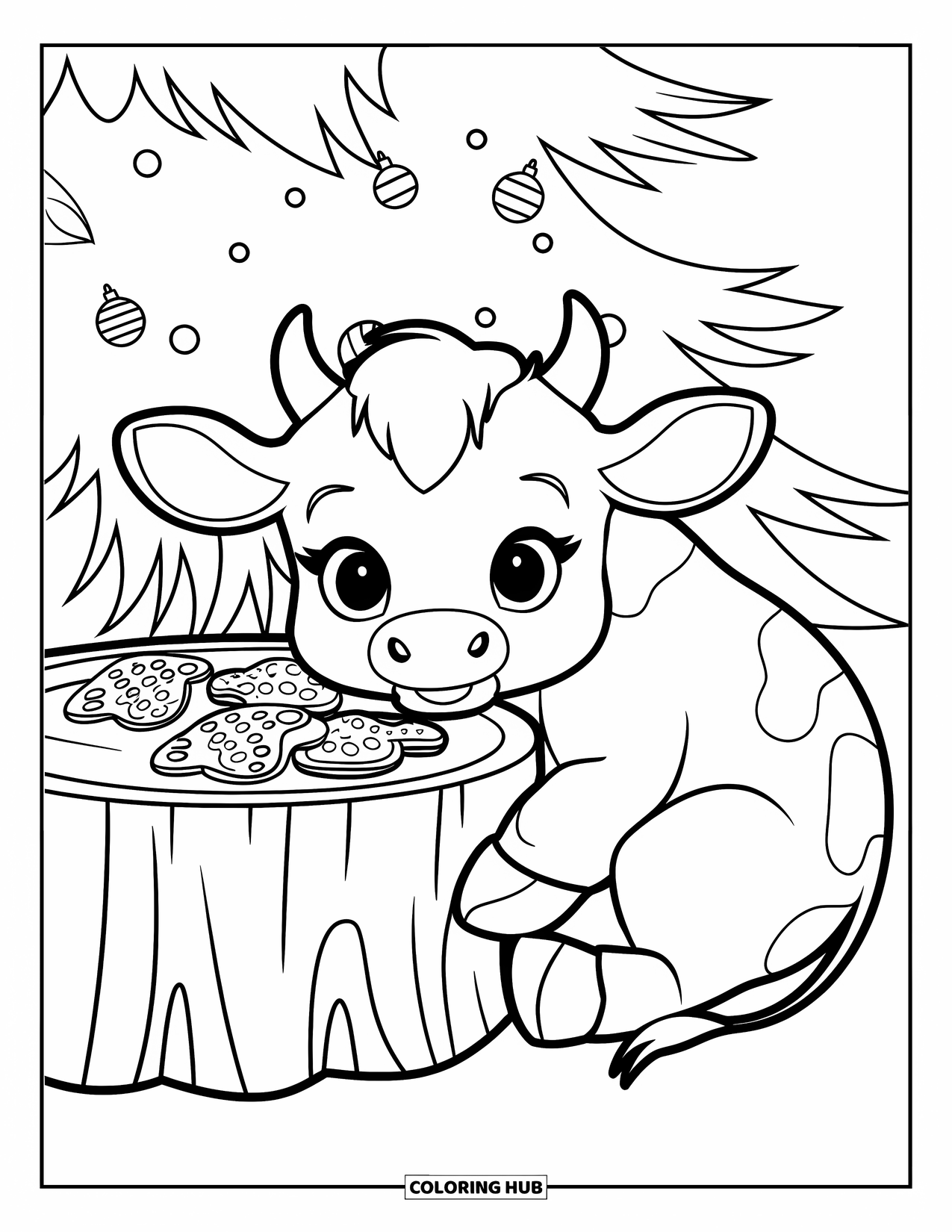 Christmas Cow Coloring Page for Kids: A baby cow curled up beside a stump table with gingerbread cookies