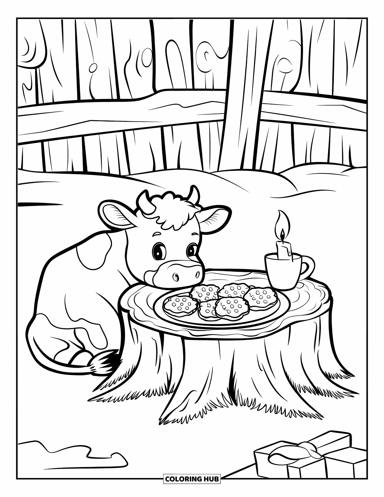 Christmas Cow Coloring Page for Kids: A baby cow curled up beside cookies, a candle, and a rustic fence