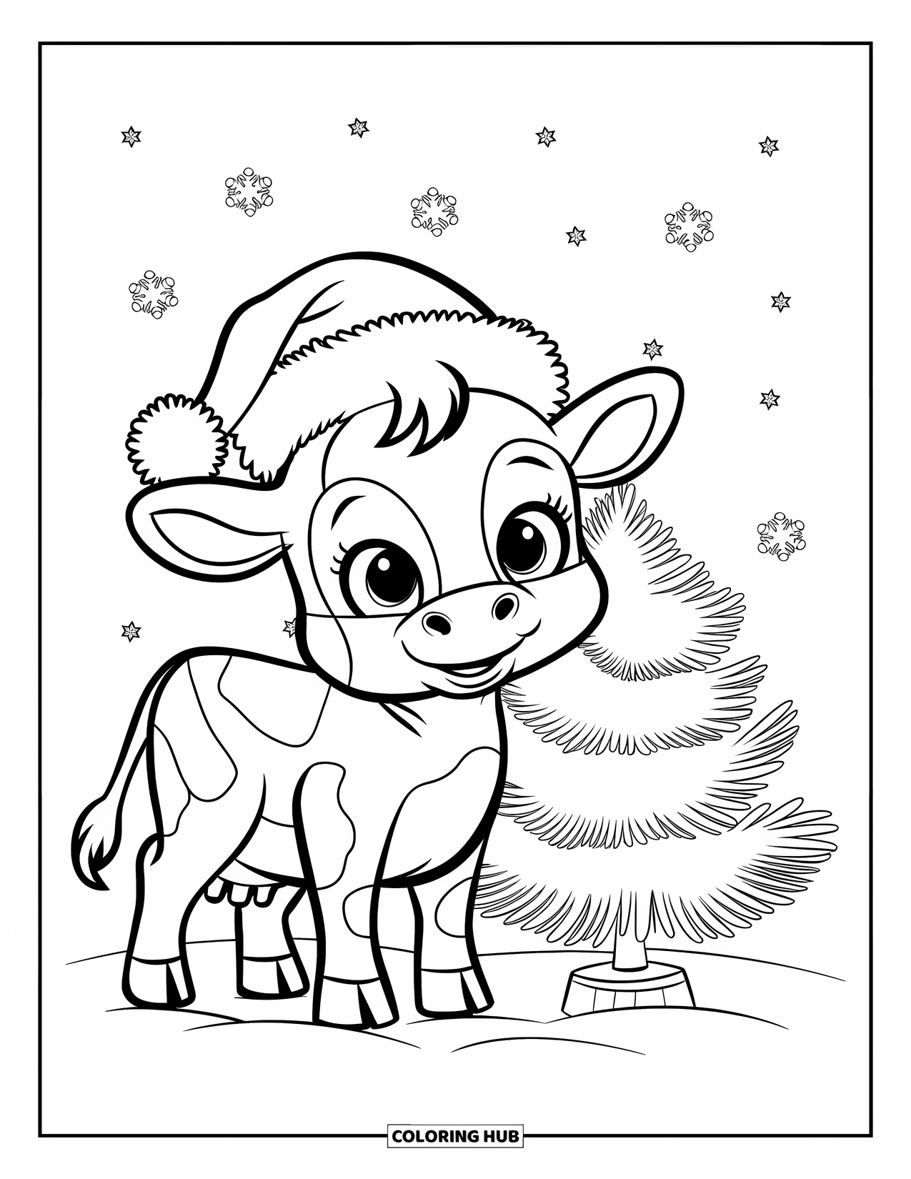 Christmas Cow Coloring Page for Kids: A baby cow in a Santa hat beside a snowy tree with ornaments