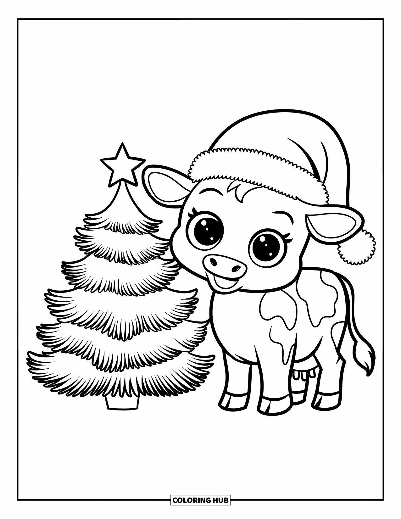 Christmas Cow Coloring Page for Kids: A baby cow in a Santa hat standing beside a small Christmas tree