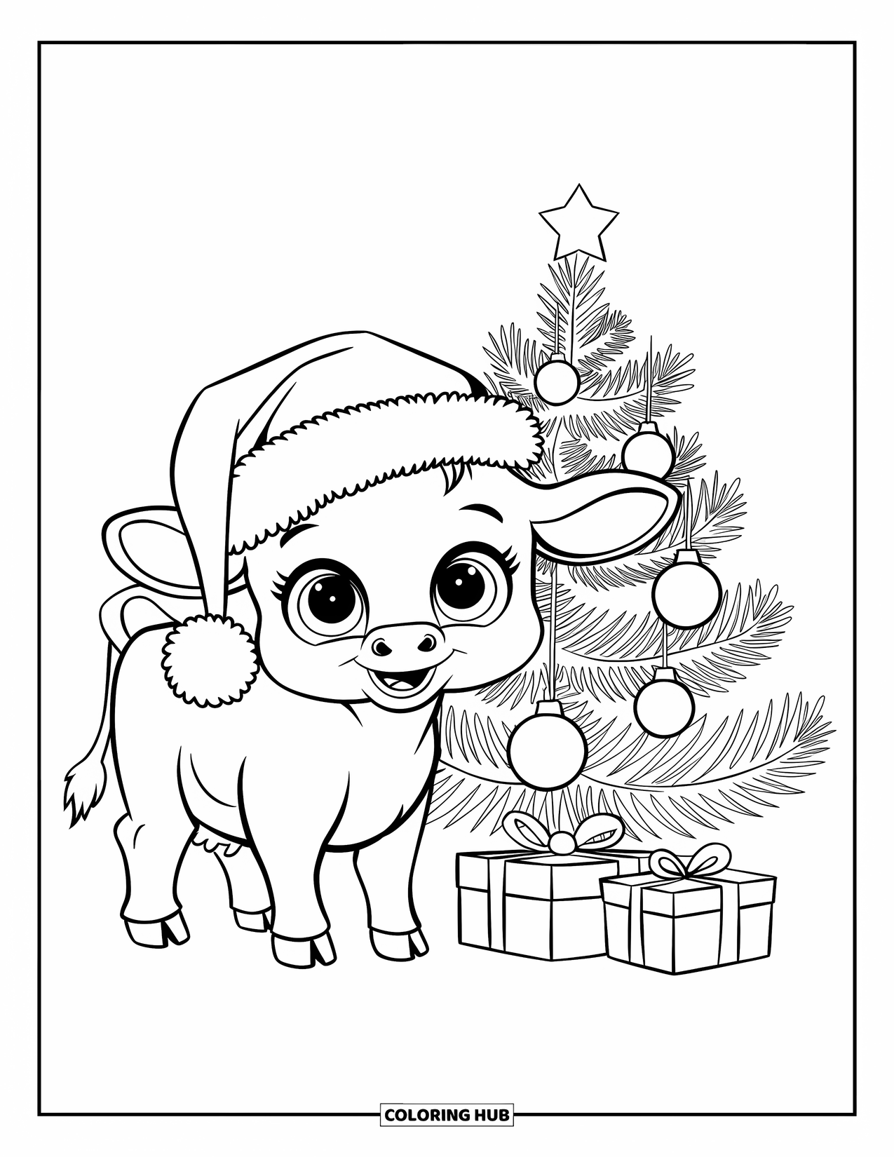 Christmas Cow Coloring Page for Kids: A baby cow in a Santa hat standing by a small decorated Christmas tree