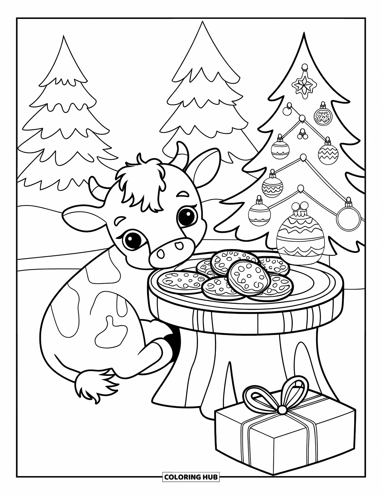 Christmas Cow Coloring Page for Kids: A baby cow lying near a stump table with cookies, a tree, and a present