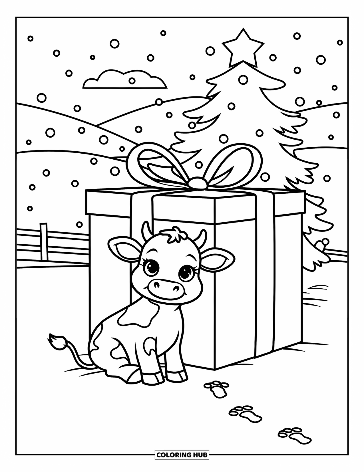 Christmas Cow Coloring Page for Kids: A baby cow near a big gift box with snow and footprints around