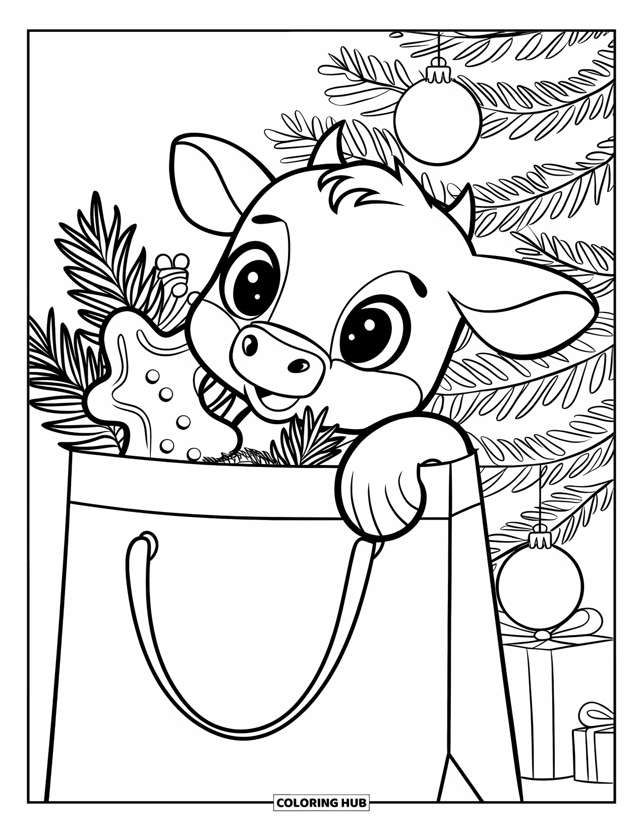 Christmas Cow Coloring Page for Kids: A baby cow peeking into a gift bag with pine and gingerbread near a tree
