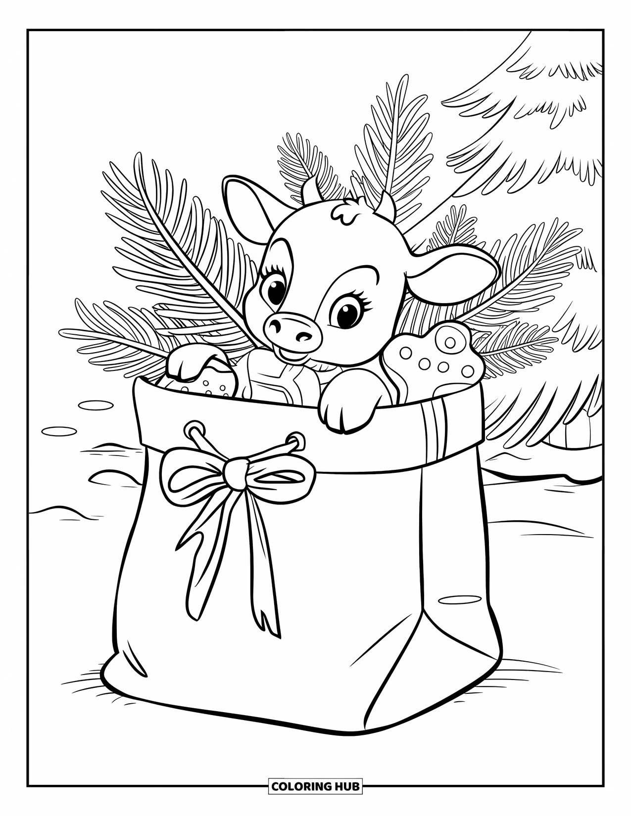 Christmas Cow Coloring Page for Kids: A baby cow peeking into a ribbon-tied gift bag with pine and gingerbread