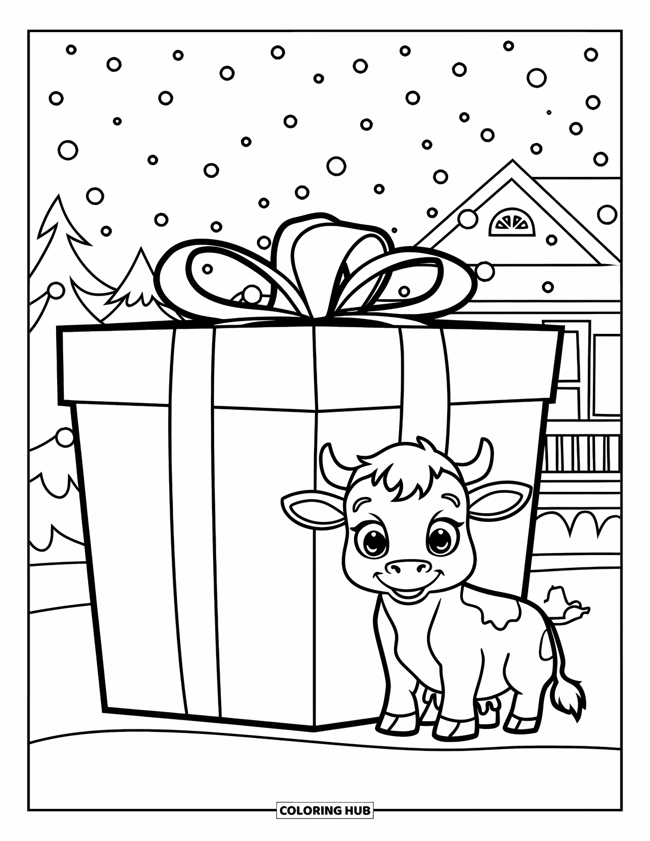 Christmas Cow Coloring Page for Kids: A baby cow sitting by a giant present with a snowy house behind