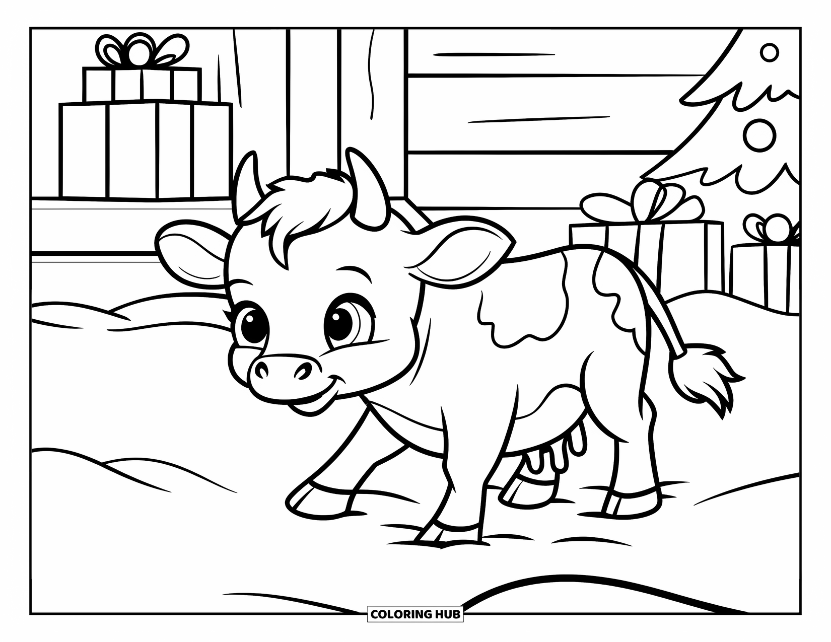 Christmas Cow Coloring Page for Kids: A baby cow stepping through snow toward a cabin with a tree and presents