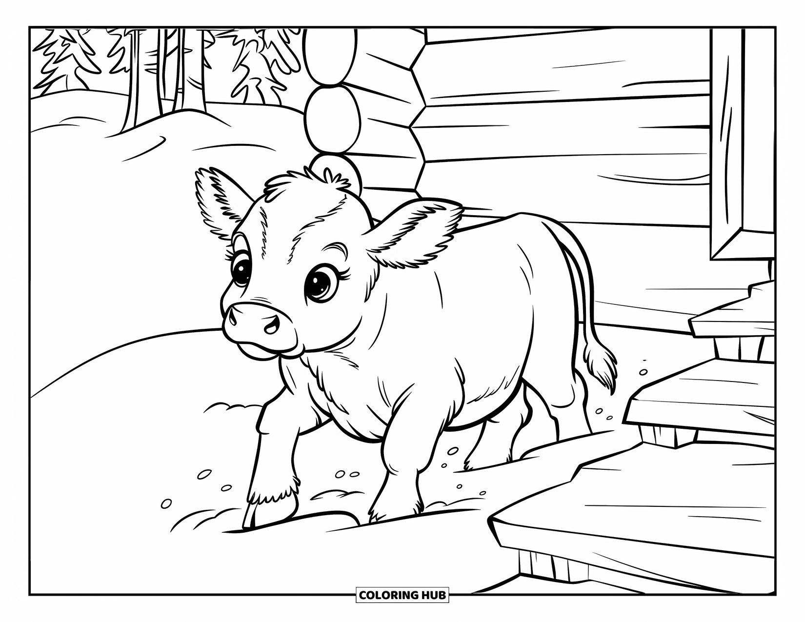 Christmas Cow Coloring Page for Kids: A baby cow walking through snow toward a wooden cabin porch