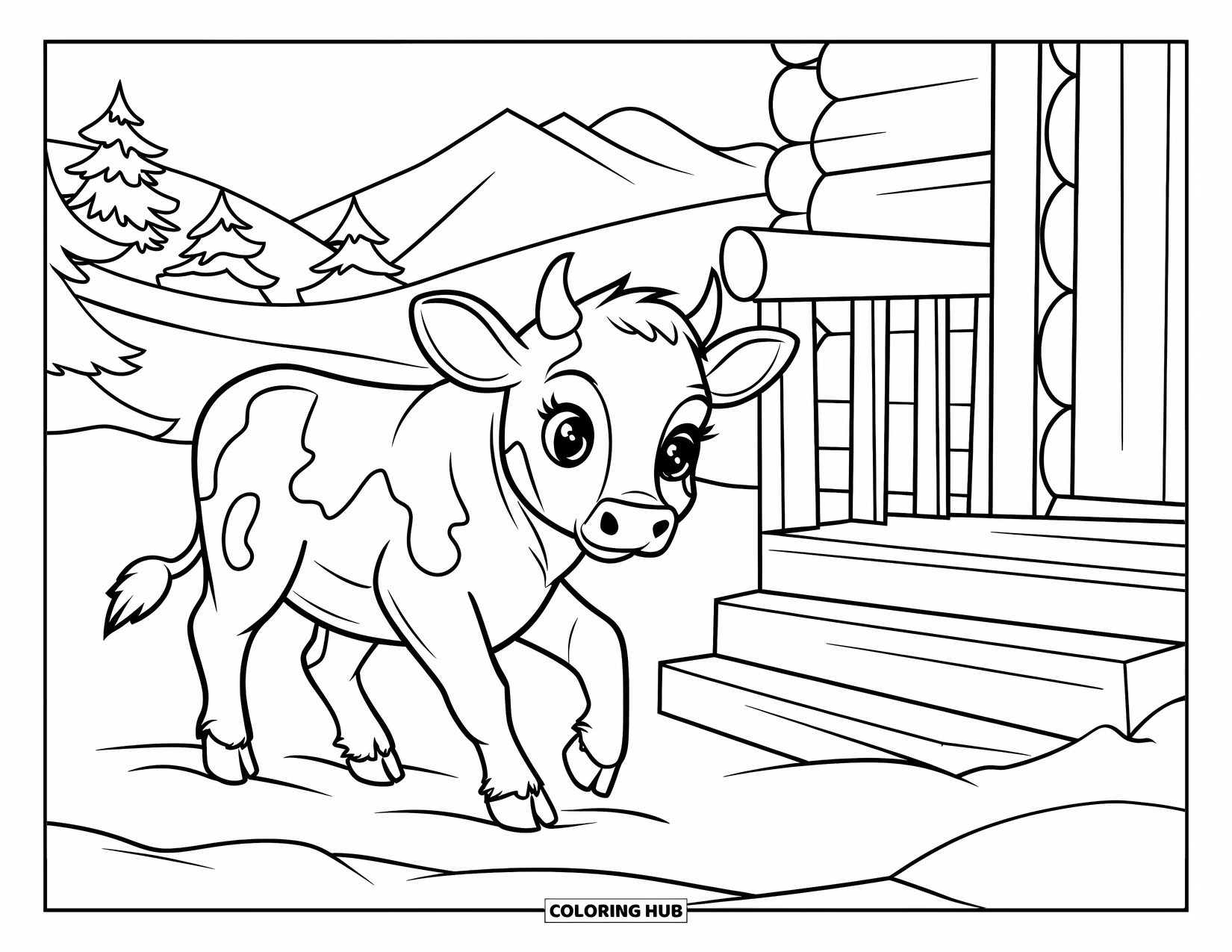 Christmas Cow Coloring Page for Kids: A baby cow walking toward a snowy cabin with mountains in the distance