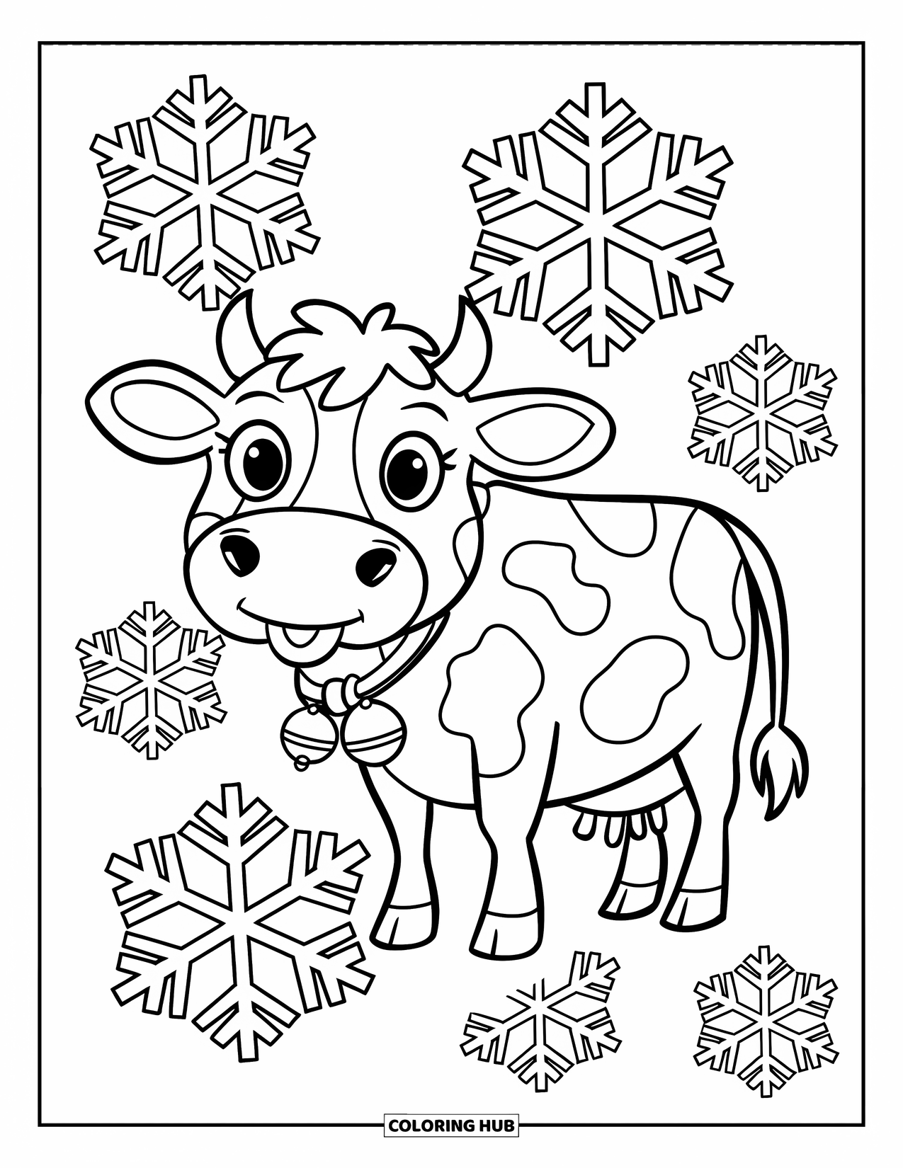 Christmas Cow Coloring Page for Kids: A cheerful cow with a bell collar standing among oversized snowflakes