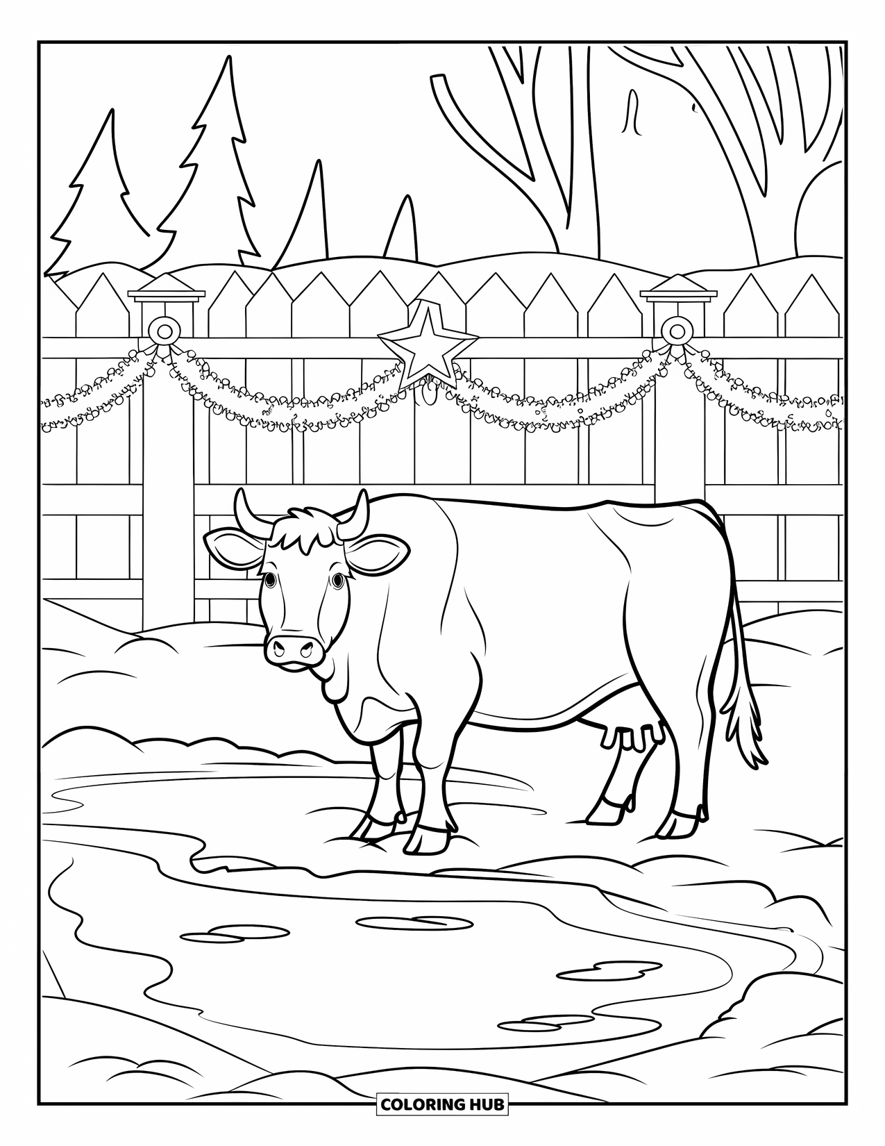 Christmas Cow Coloring Page for Kids: A cow by a frozen pond with a garland fence and decorated trees