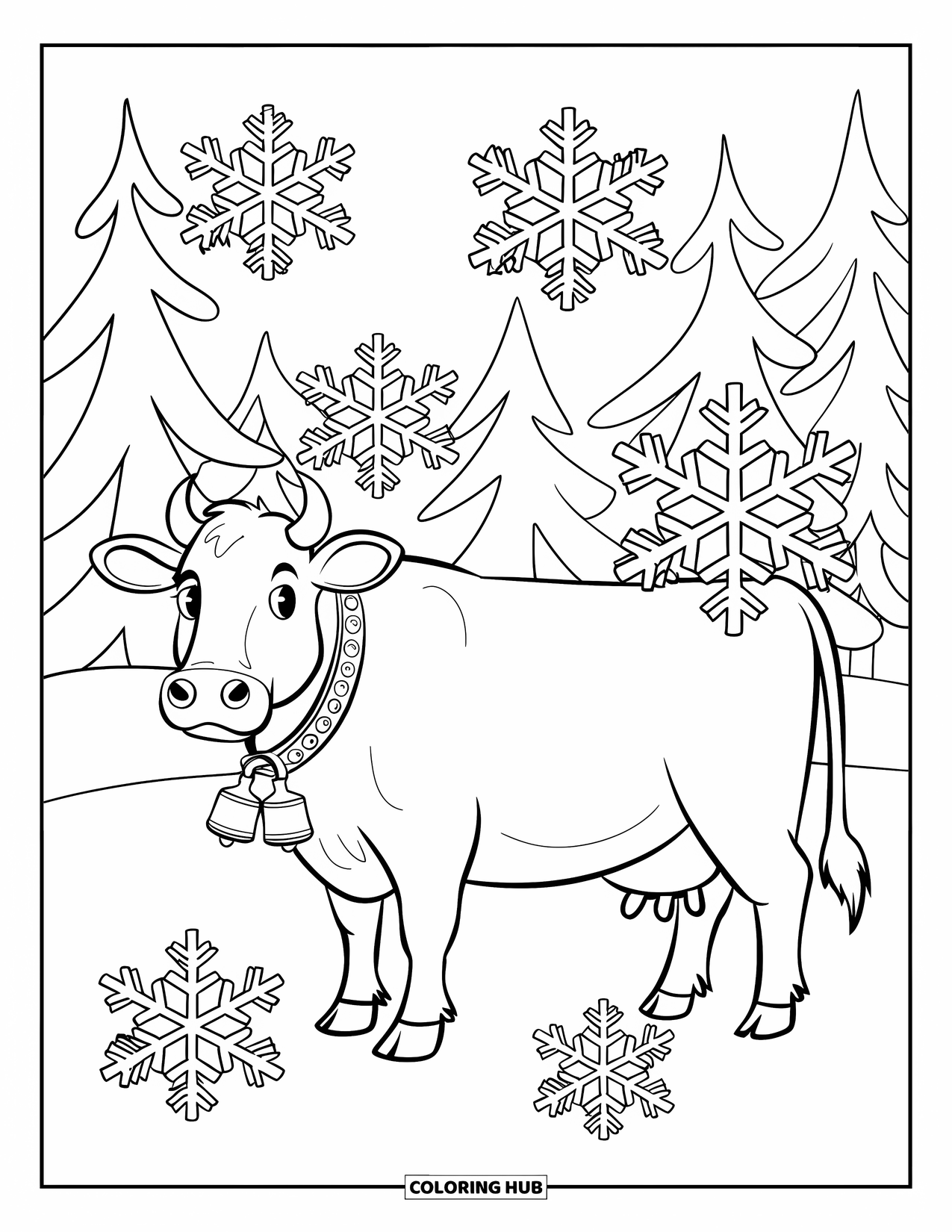 Christmas Cow Coloring Page for Kids: A cow in a bell collar surrounded by snowflakes and snowy trees