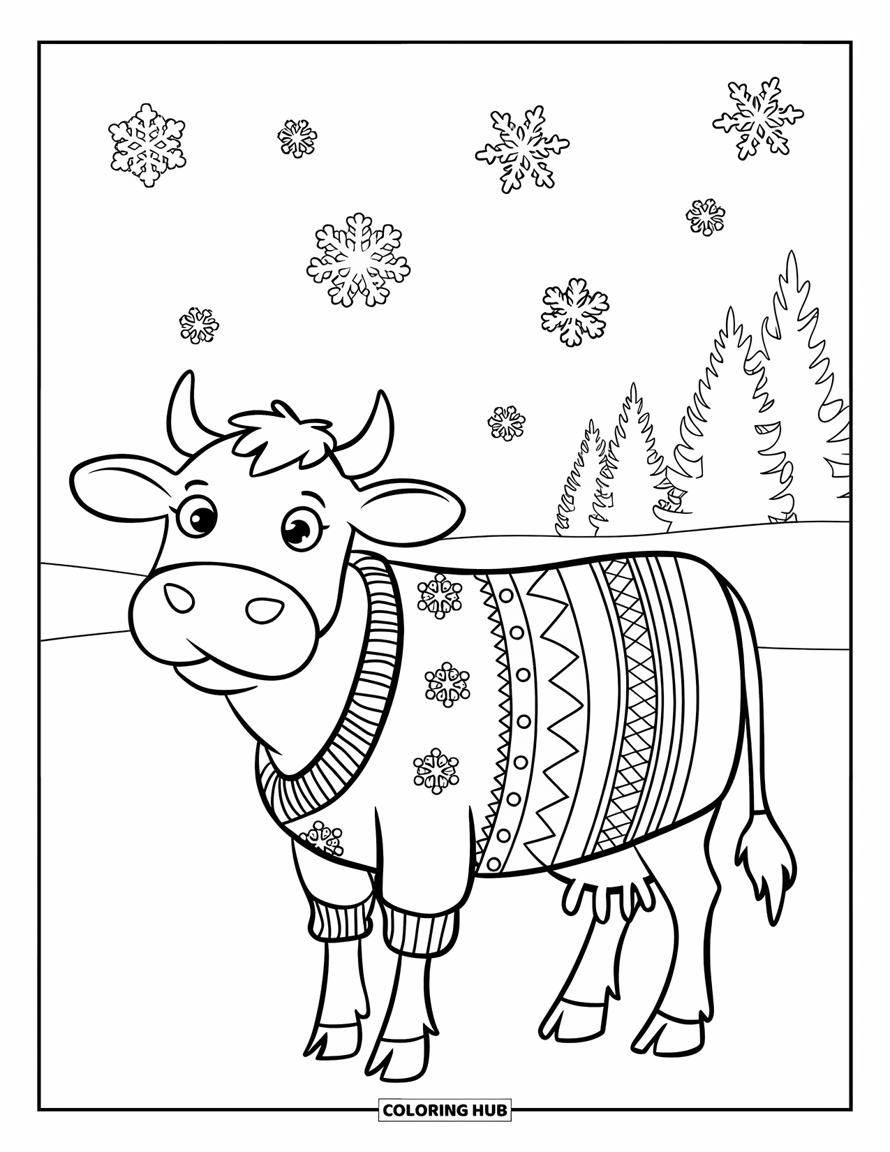 Christmas Cow Coloring Page for Kids: A cow in a Christmas sweater watching snow fall near snowy pine trees