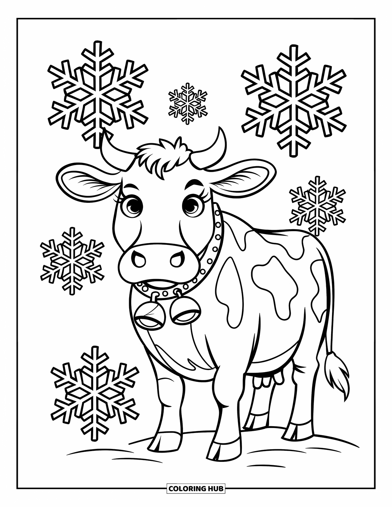 Christmas Cow Coloring Page for Kids: A cow in a jingle bell collar surrounded by oversized snowflakes