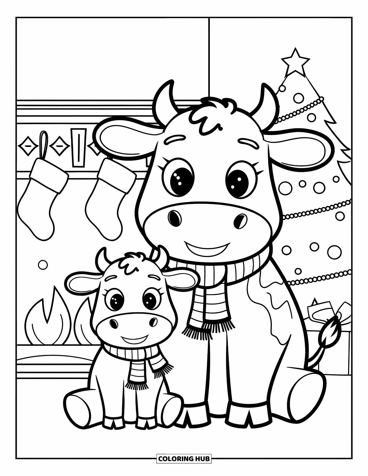 Christmas Cow Coloring Page for Kids: A cow in a scarf sitting by the fire with a baby cow and tree