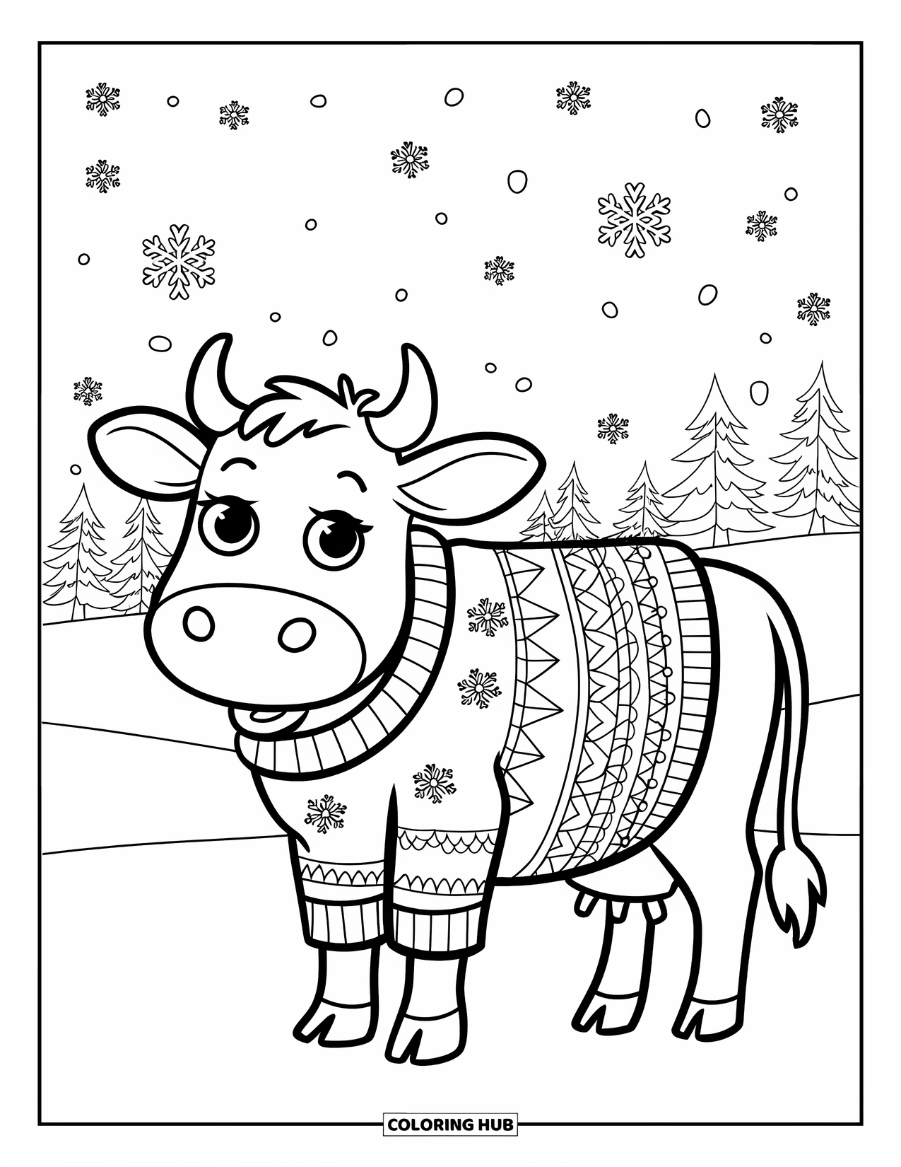 Christmas Cow Coloring Page for Kids: A cow in a sweater watching snowflakes fall in a snowy field