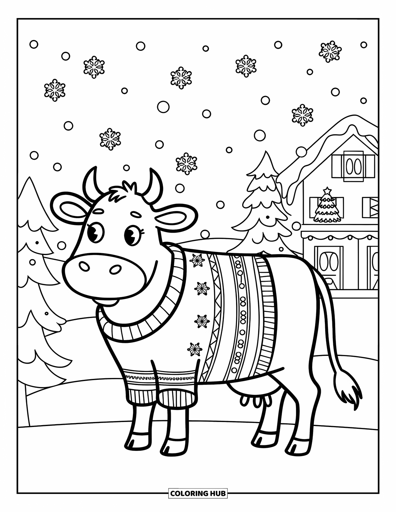 Christmas Cow Coloring Page for Kids: A cow in a sweater watching snowflakes fall near a house and Christmas tree