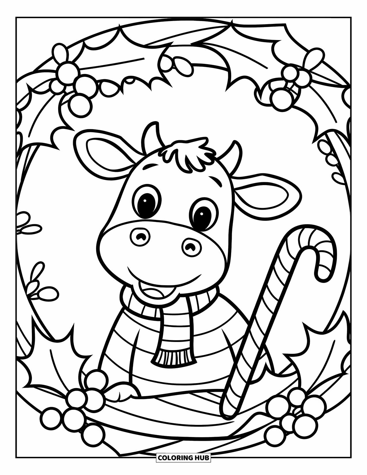 Christmas Cow Coloring Page for Kids: A cow in festive clothes peeking from a wreath decorated with holly and candy cane
