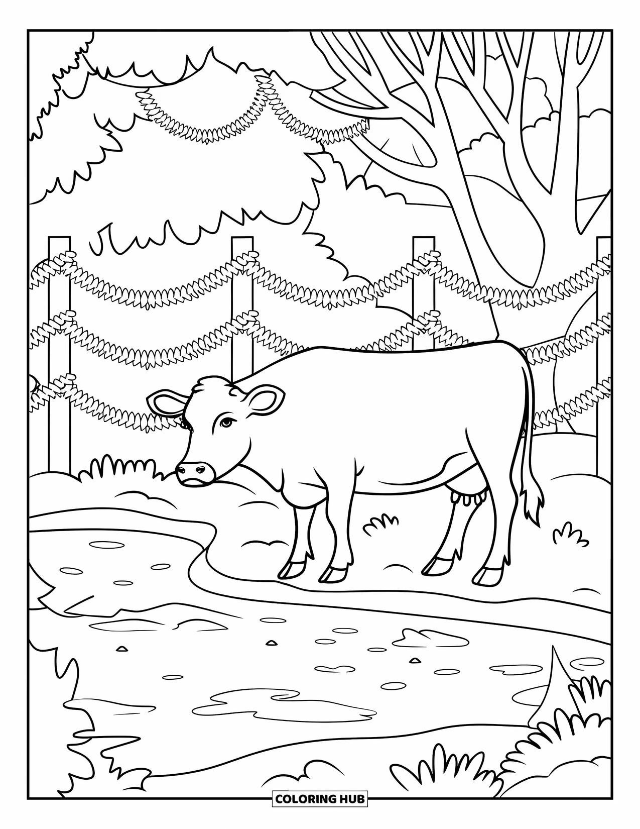Christmas Cow Coloring Page for Kids: A cow standing by a frozen pond with a garland-wrapped tree nearby