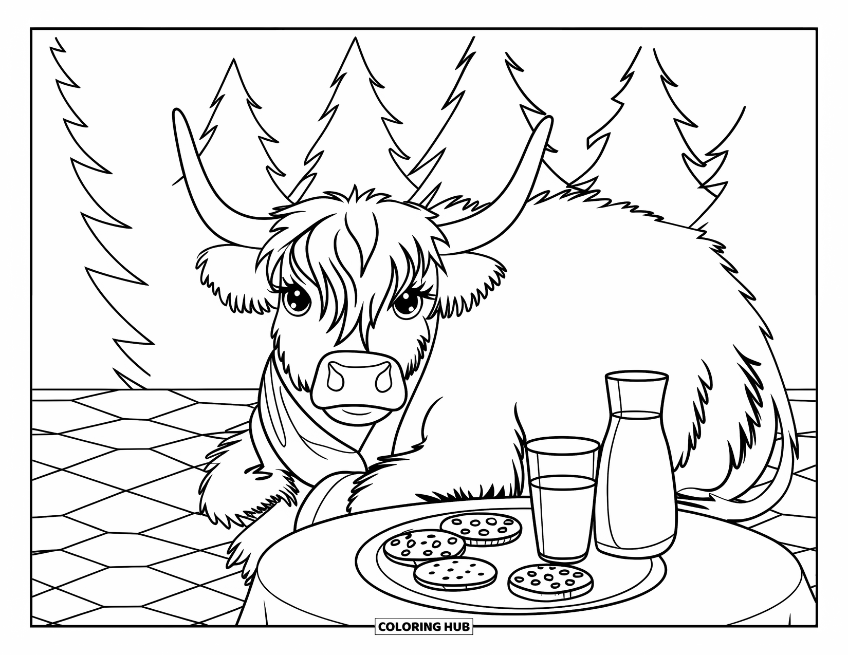 Christmas Cow Coloring Page for Kids: A cozy highland cow in a scarf lying near cookies and milk on a table