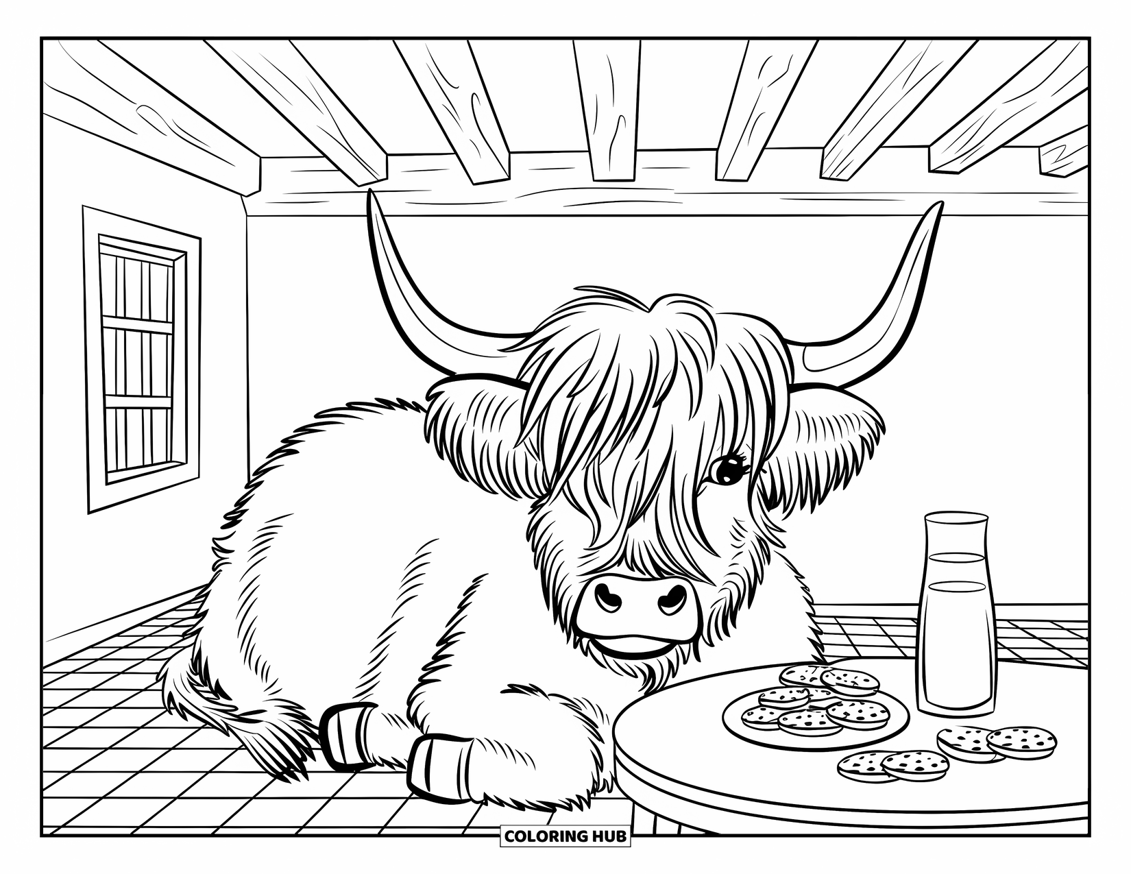 Christmas Cow Coloring Page for Kids: A cozy highland cow resting near cookies and milk in a rustic room
