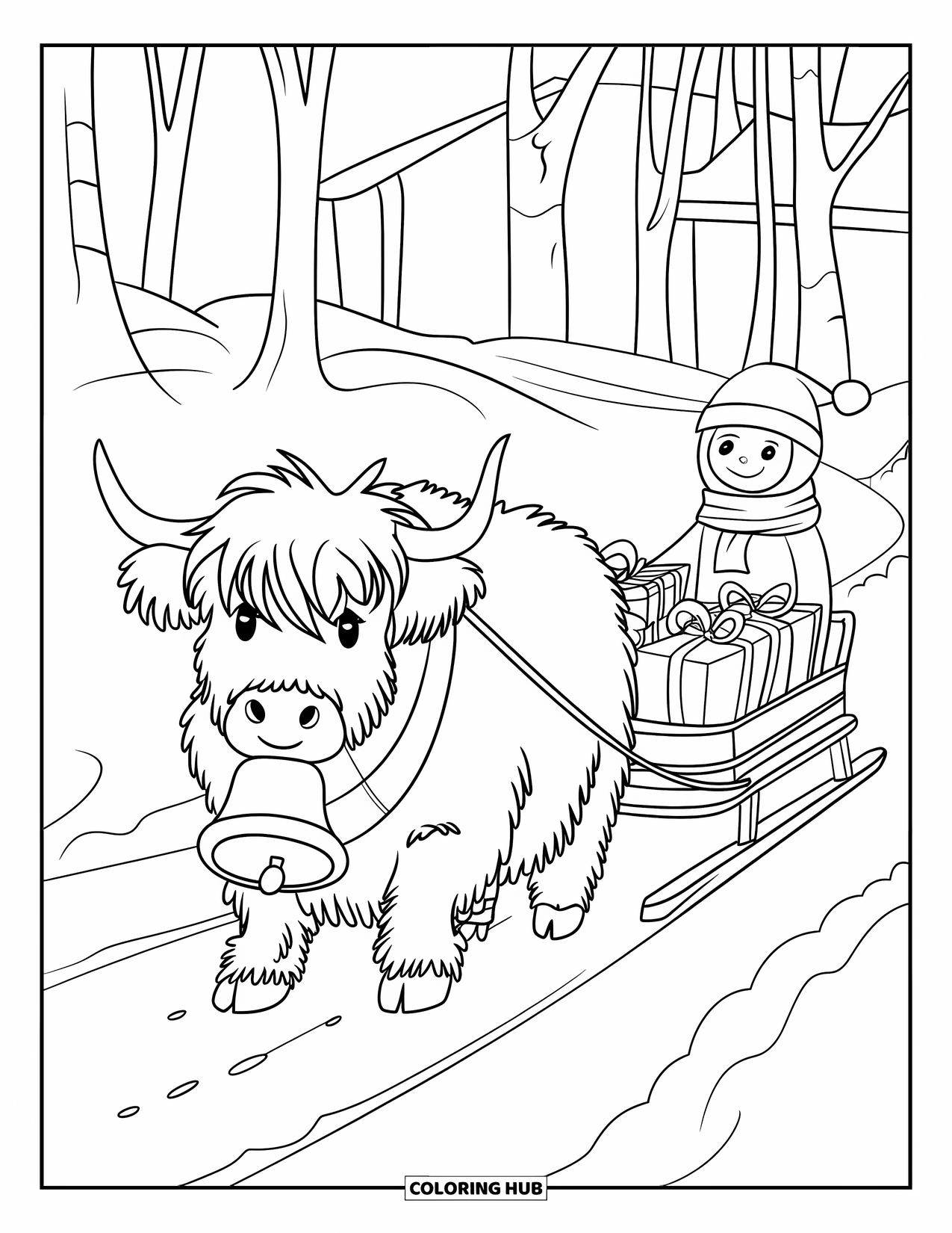 Christmas Cow Coloring Page for Kids: A fluffy highland cow pulling a sled of gifts through the snow