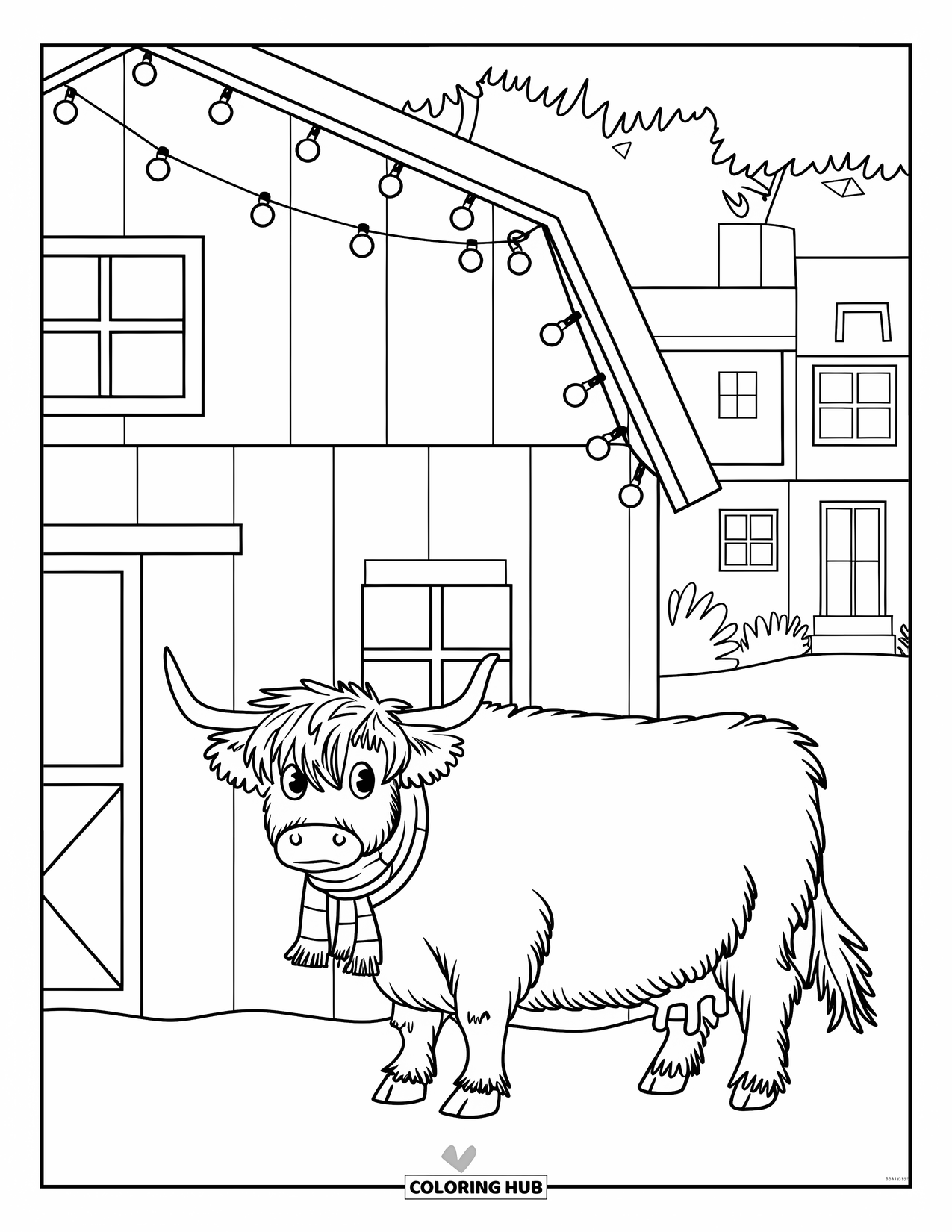 Christmas Cow Coloring Page for Kids: A highland cow in a fluffy scarf beside a barn decorated with lights
