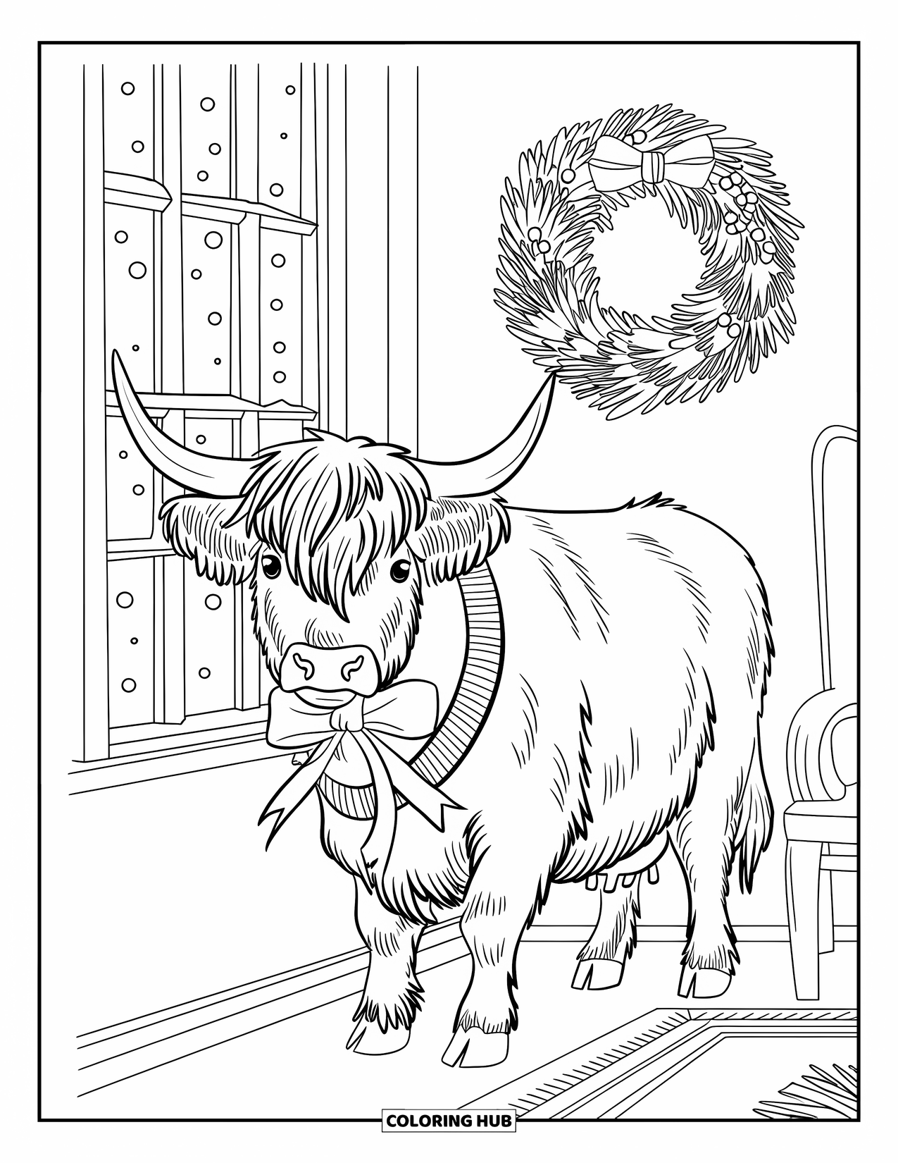 Christmas Cow Coloring Page for Kids: A highland cow in a red sweater standing near a snowy window and wreath