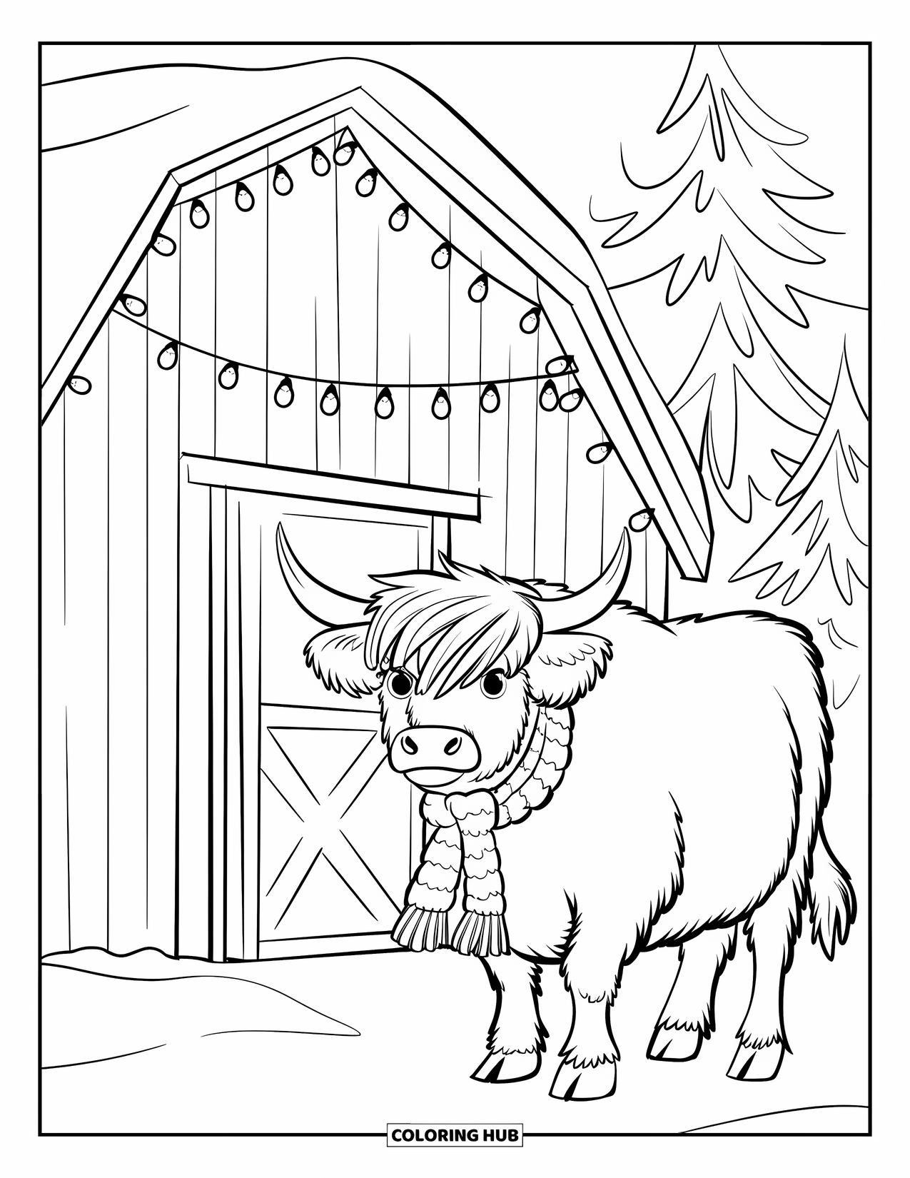 Christmas Cow Coloring Page for Kids: A highland cow in a scarf beside a barn with a red door and snow
