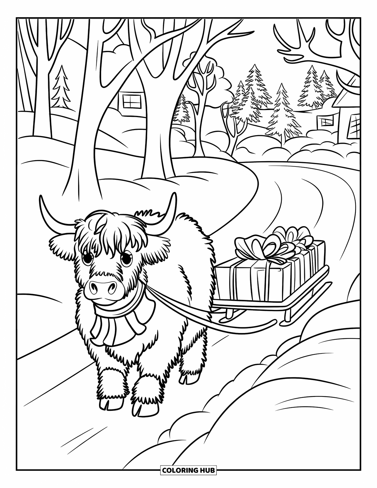 Christmas Cow Coloring Page for Kids: A highland cow in a scarf pulling a sled of presents through snowy paths