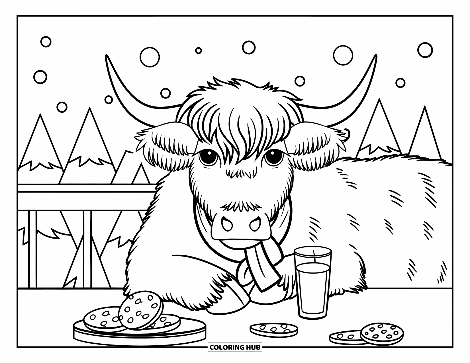 Christmas Cow Coloring Page for Kids: A highland cow in a scarf resting near cookies and milk with trees behind