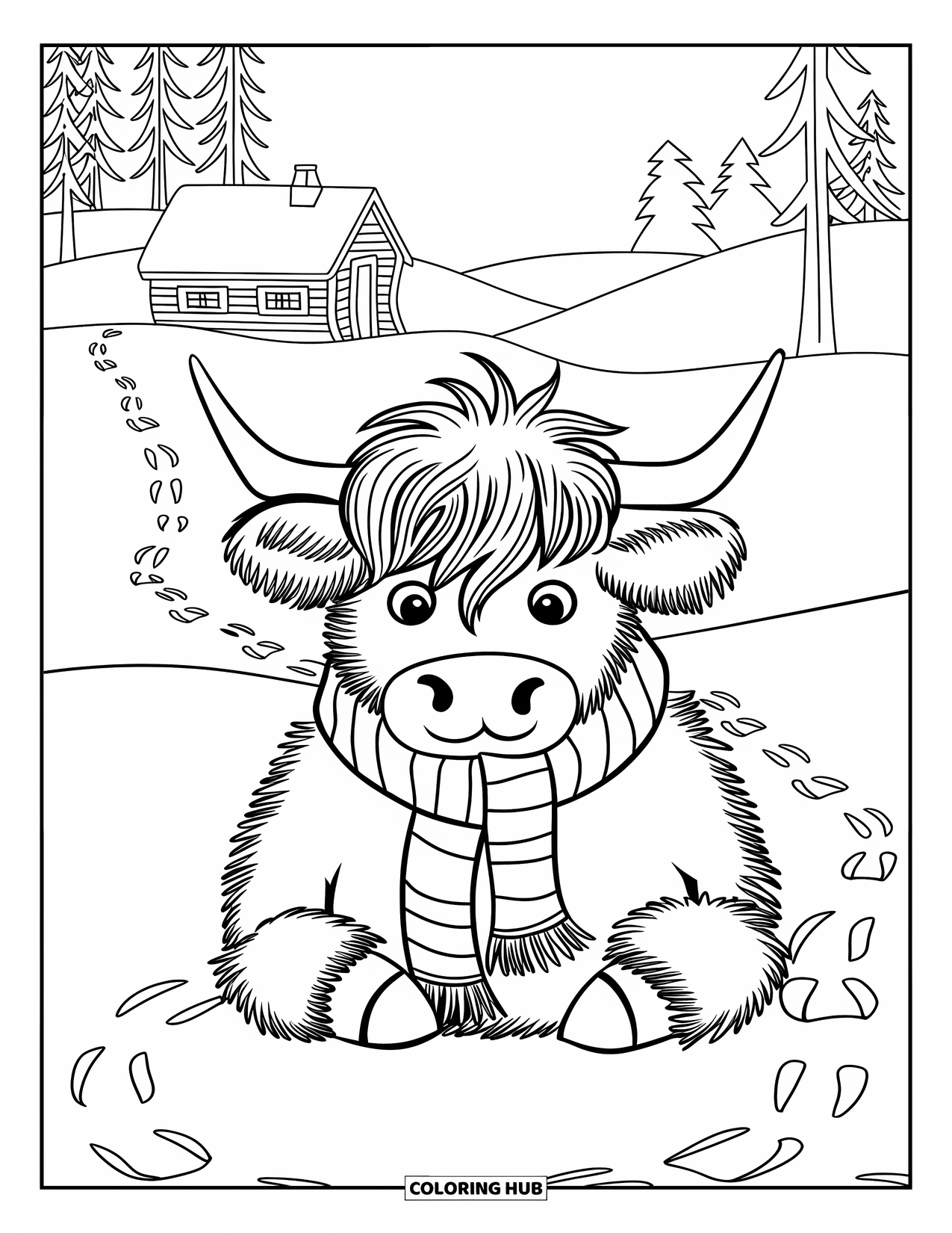 Christmas Cow Coloring Page for Kids: A highland cow in a scarf sitting in a snowy field near a cabin