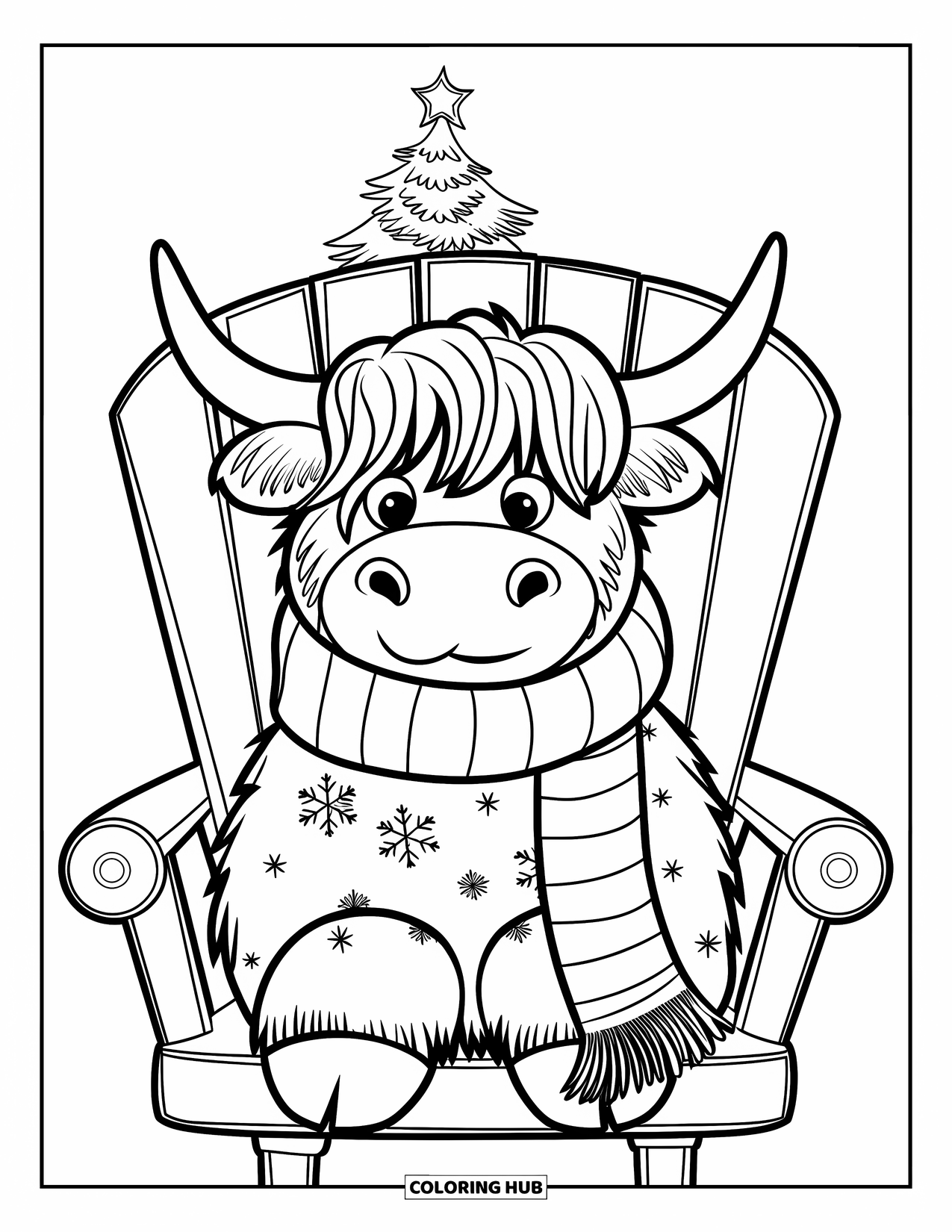 Christmas Cow Coloring Page for Kids: A highland cow in a scarf sitting on a chair with a tree behind