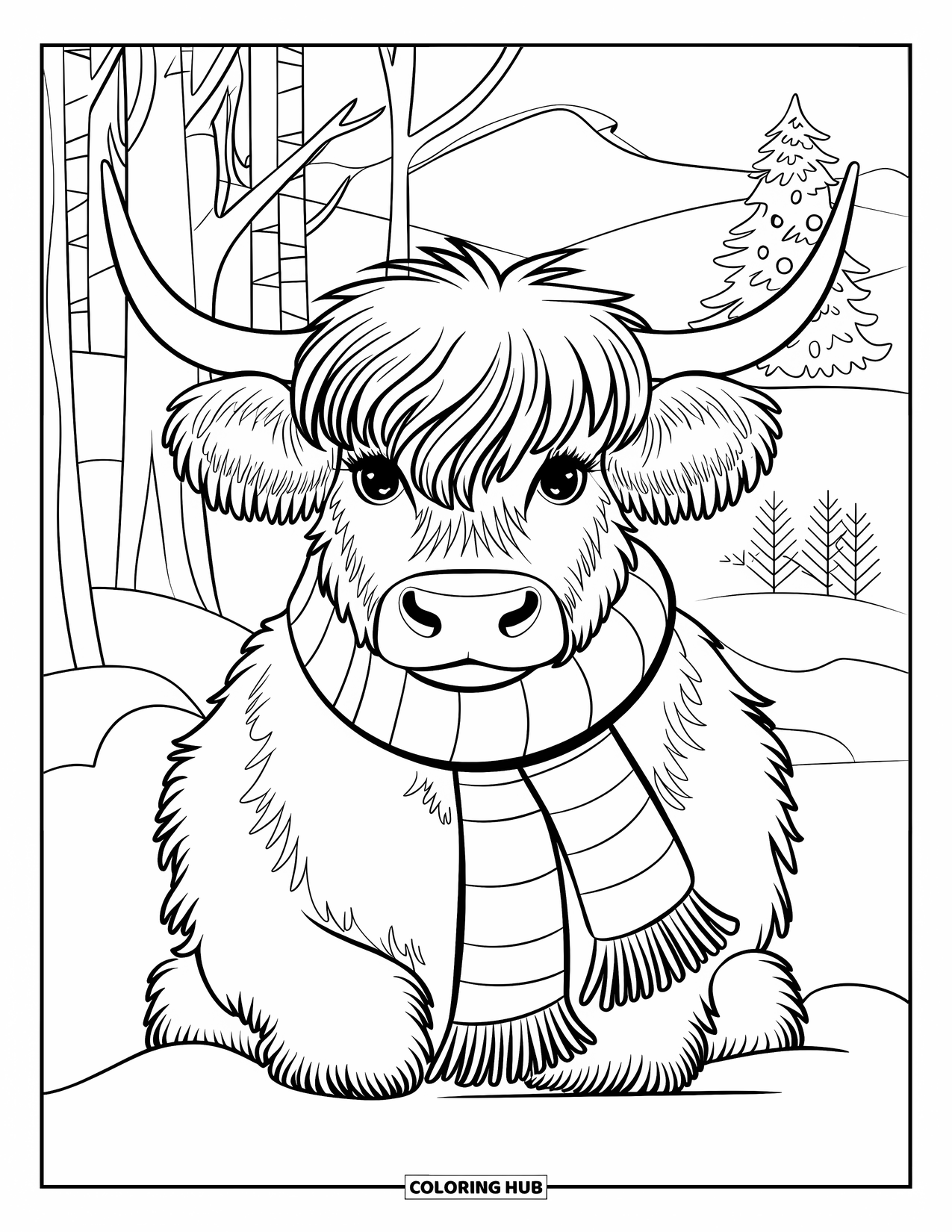 Christmas Cow Coloring Page for Kids: A highland cow in a striped scarf sitting in a snowy field with a tree