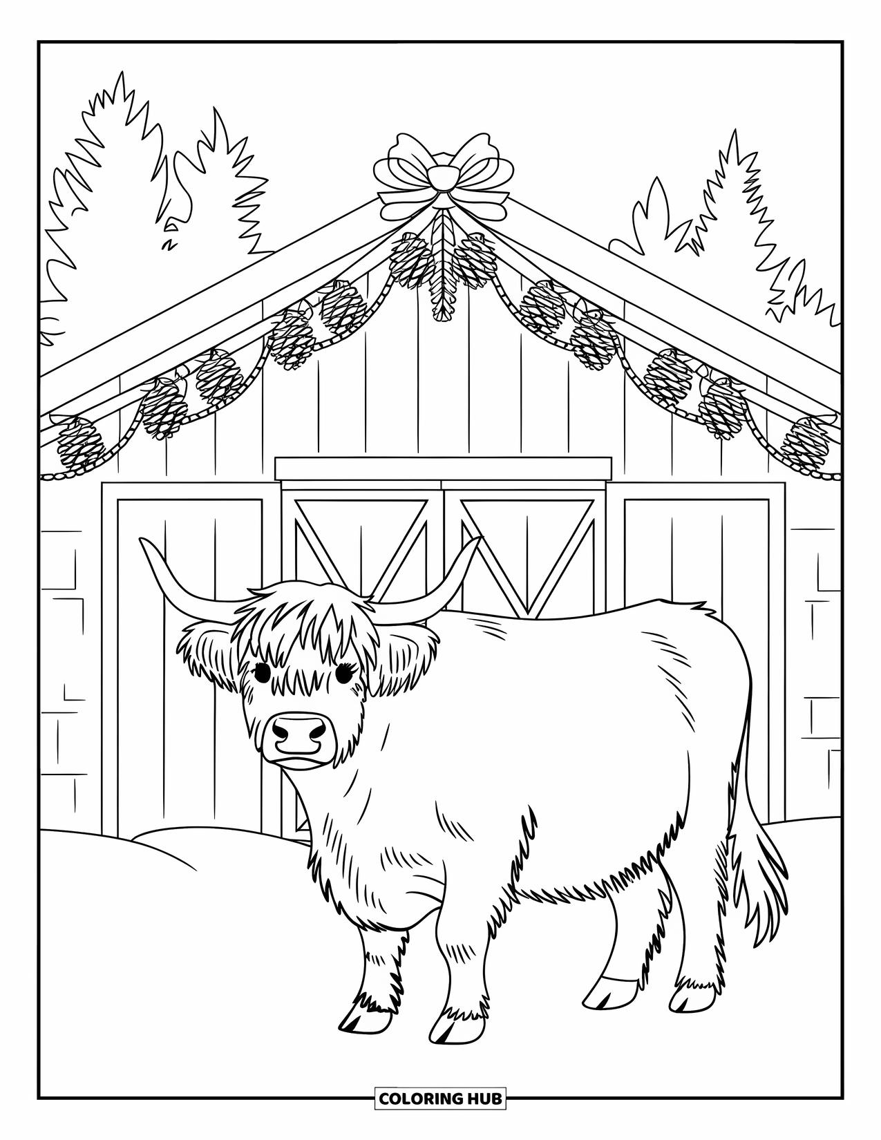Christmas Cow Coloring Page for Kids: A highland cow standing before a barn with garlands and snowy trees