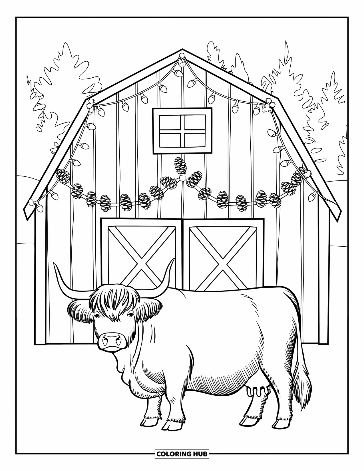 Christmas Cow Coloring Page for Kids: A highland cow standing before a lit barn with garlands and a red door