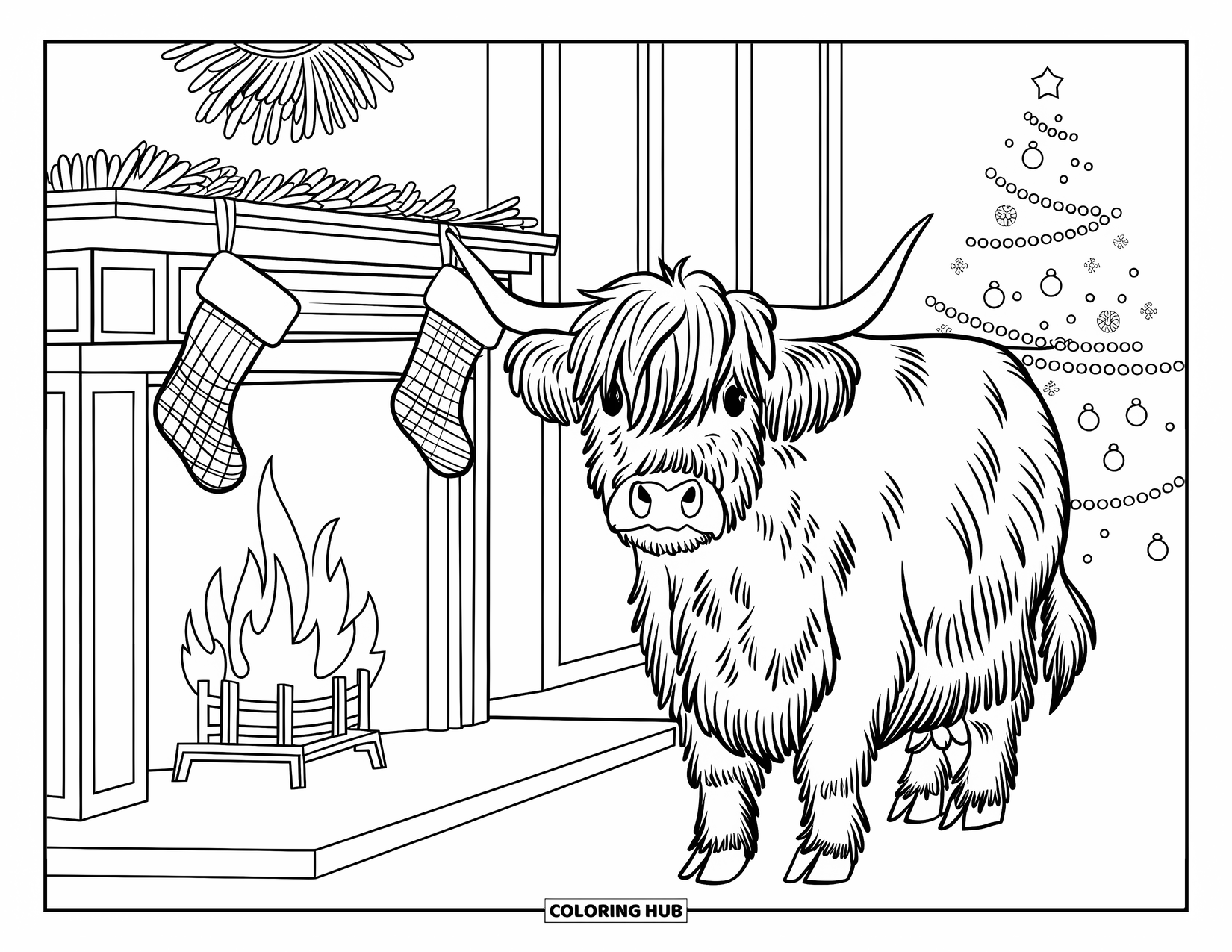 Christmas Cow Coloring Page for Kids: A highland cow standing near a fireplace with stockings and a Christmas tree