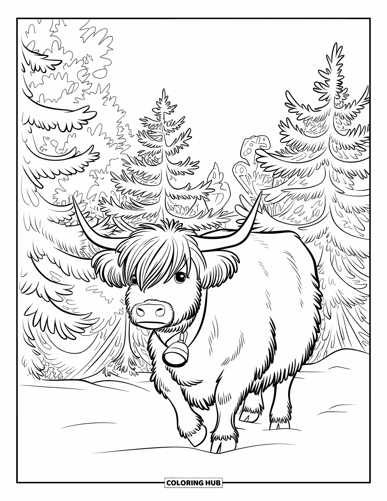Christmas Cow Coloring Page for Kids: A highland cow with a bell collar walking through a snowy pine forest
