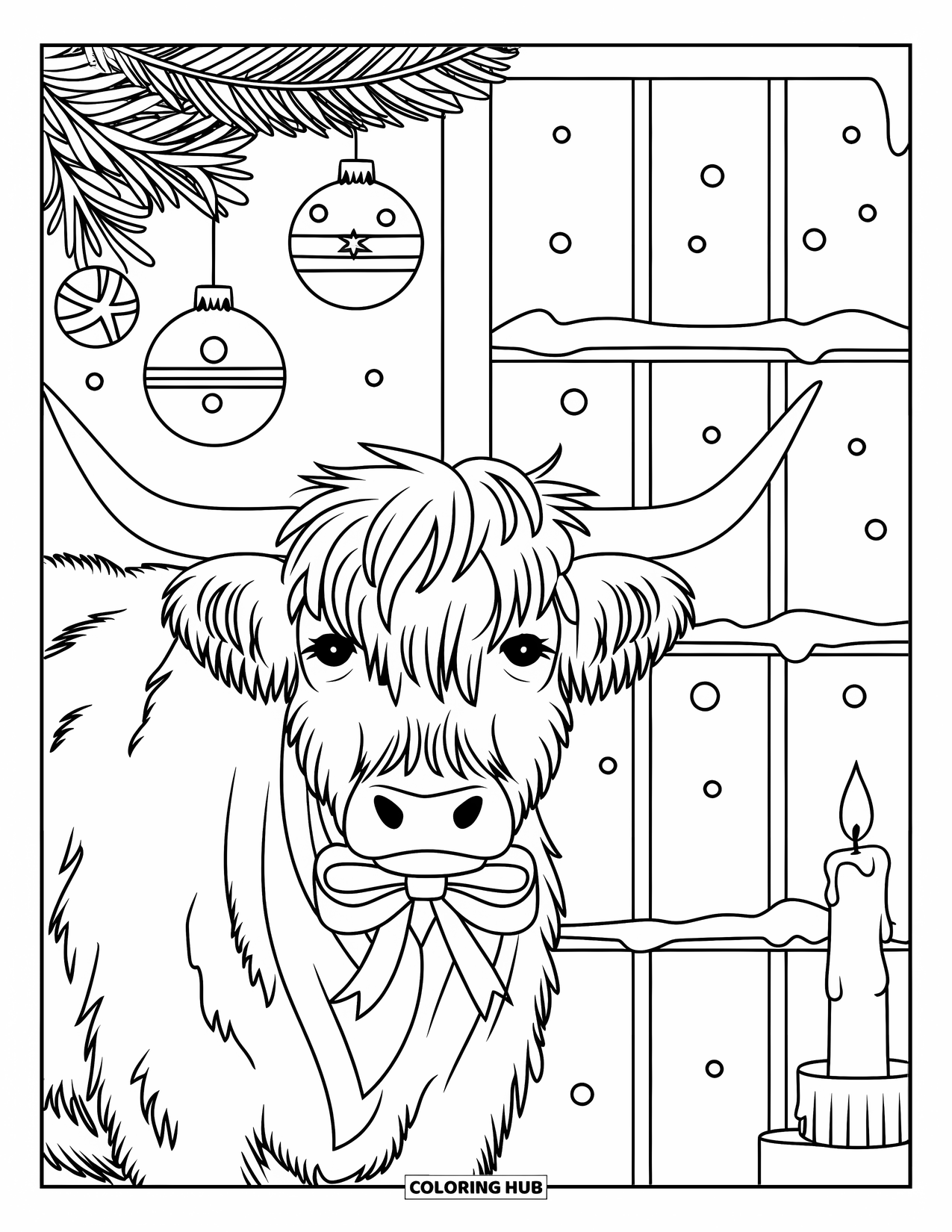 Christmas Cow Coloring Page for Kids: A highland cow with a bow beside a snowy window with ornaments and candles