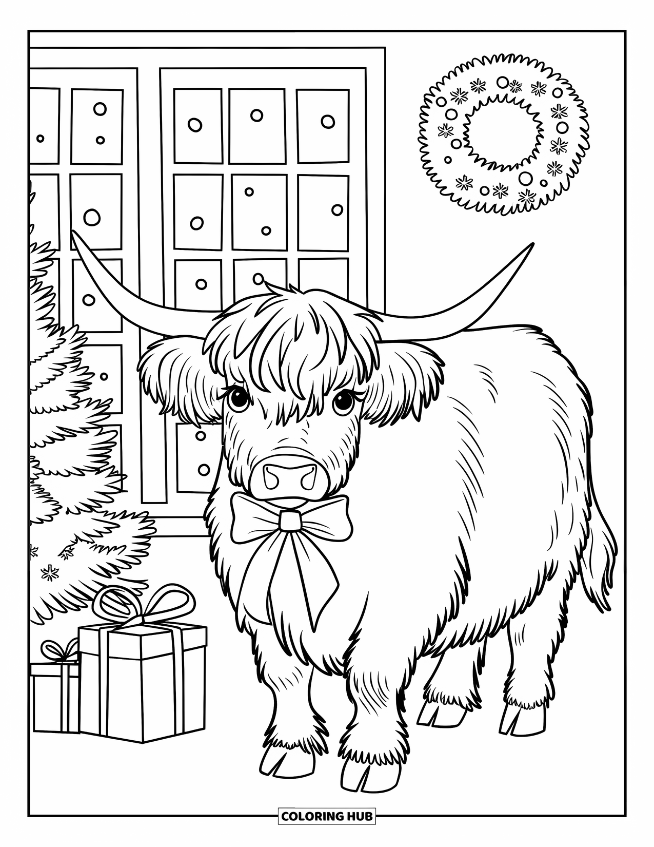 Christmas Cow Coloring Page for Kids: A highland cow with a bow standing beside a snowy window with a wreath