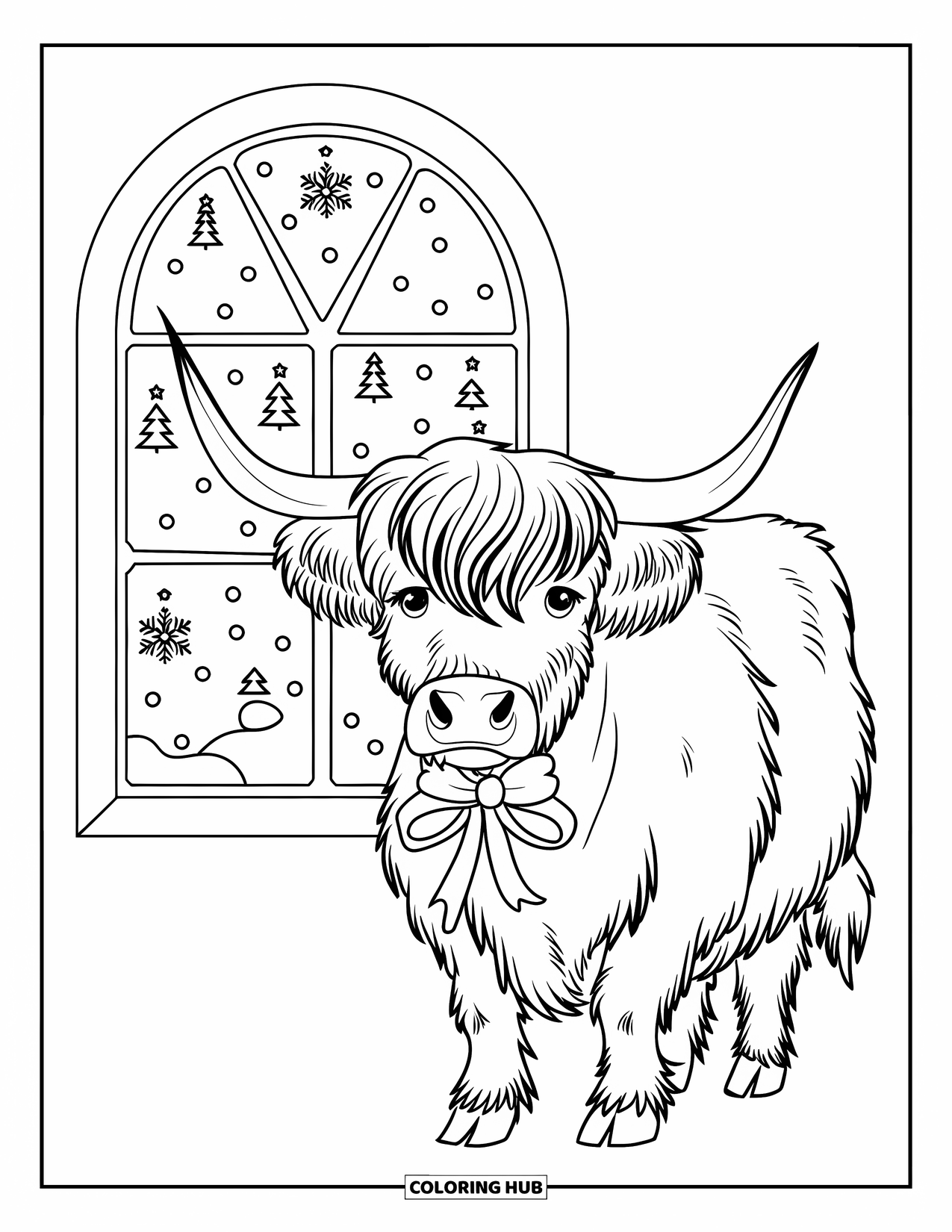Christmas Cow Coloring Page for Kids: A highland cow with a bow standing by a snowy window with patterns