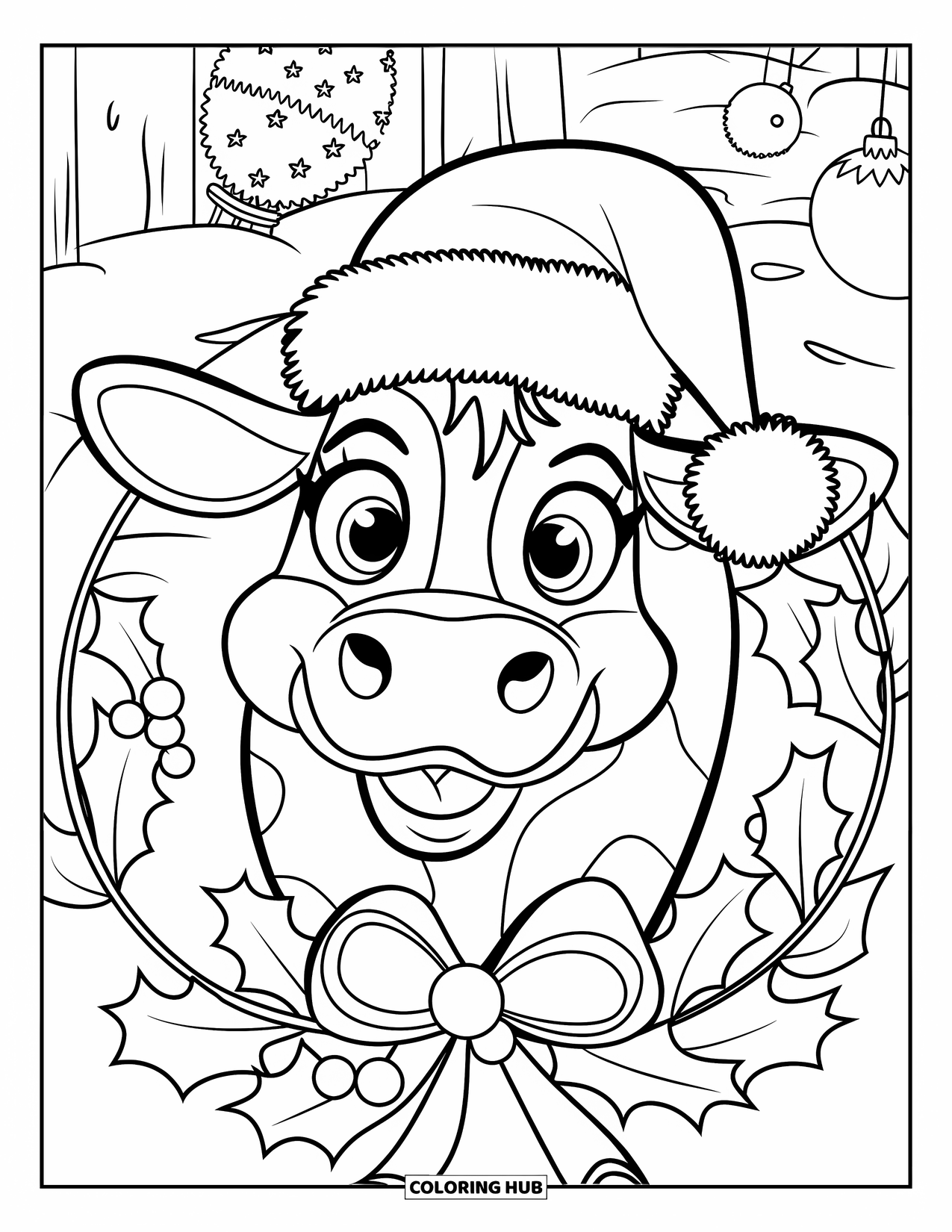 Christmas Cow Coloring Page for Kids: A smiling cow in a Santa hat peeking from a holly wreath